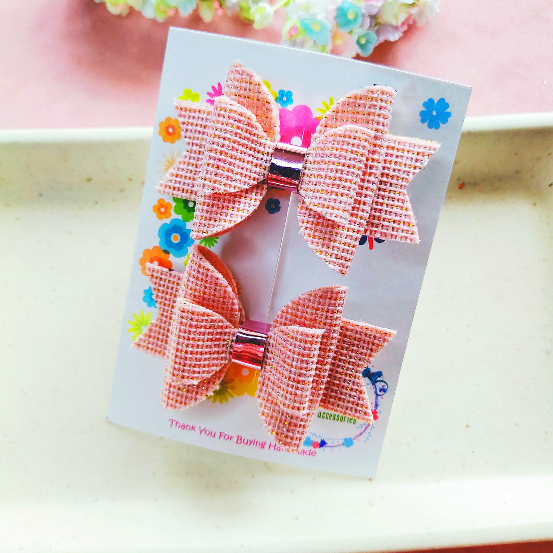 Double Layered Side Clip Pair - Pink Jute