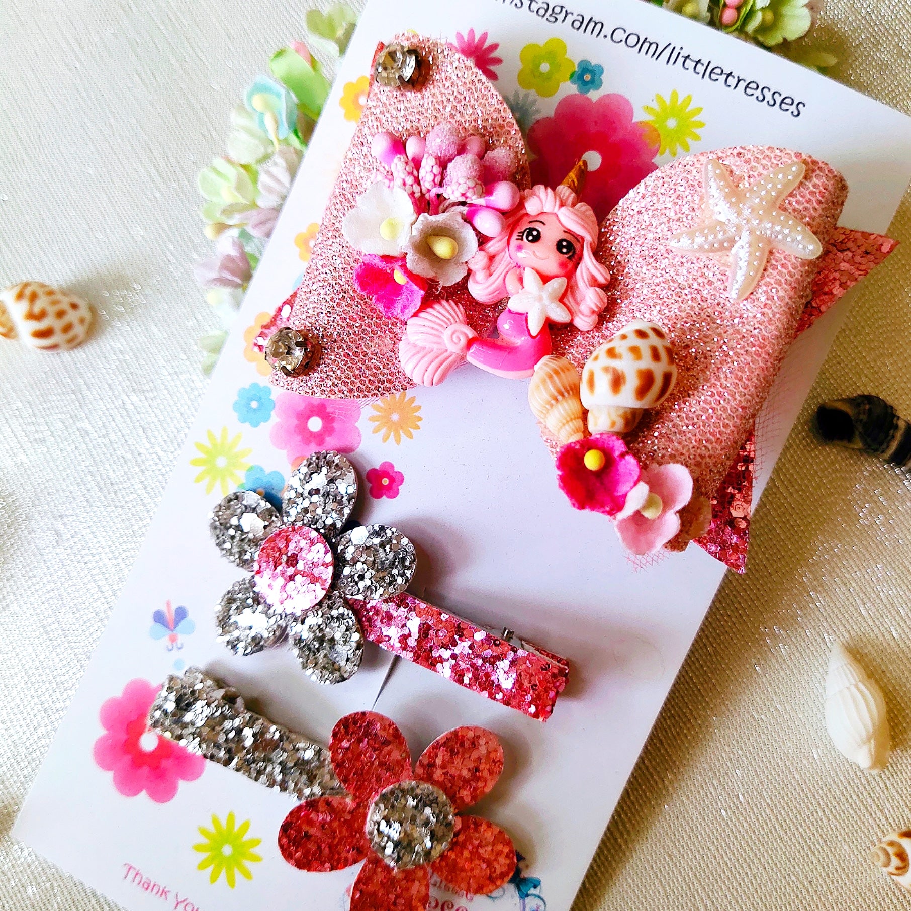 Combo of Mermaid Bow & 2 Flower Clips - Pink