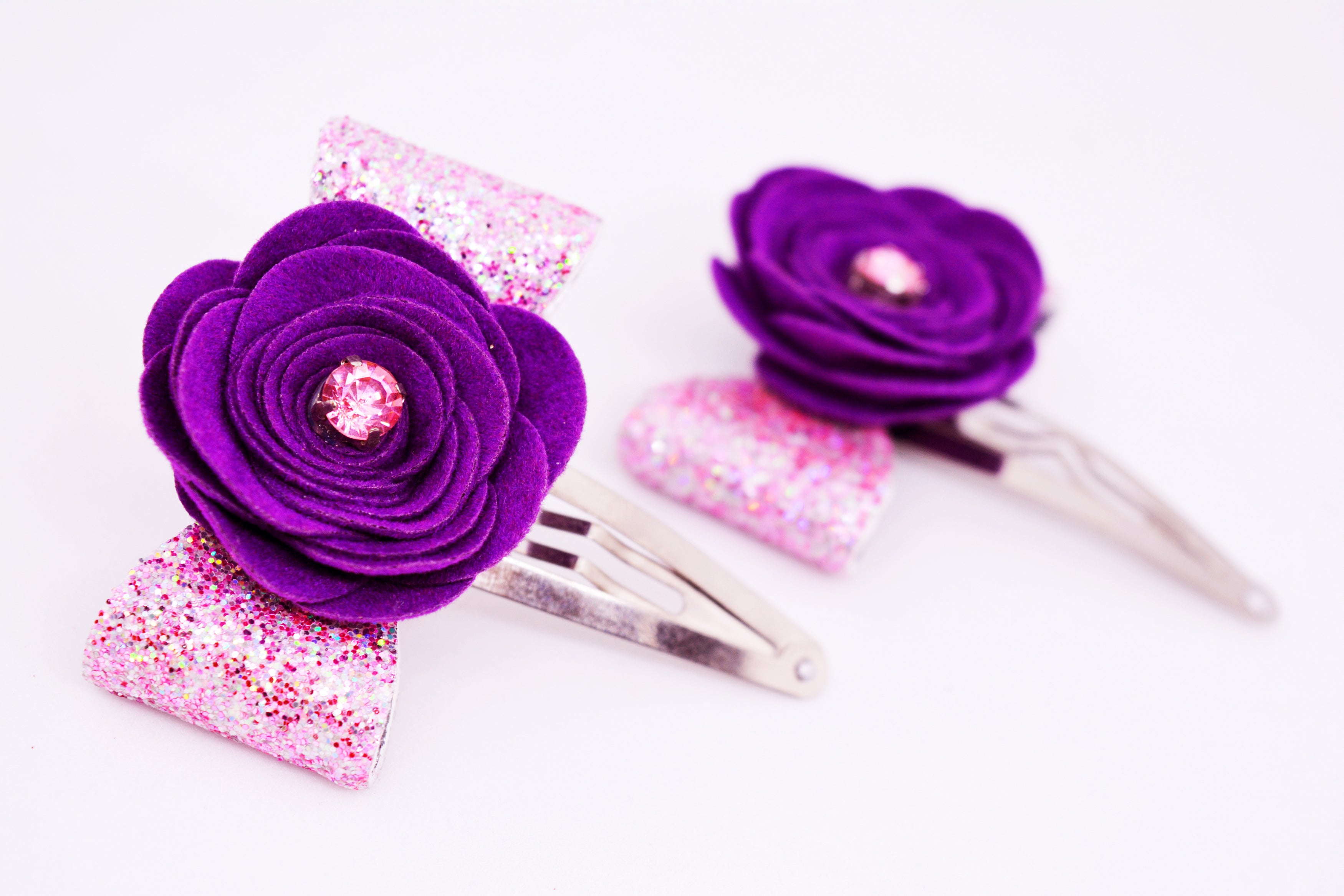 Rose on Bow SnapOn Clip Pair - Purple & Pink