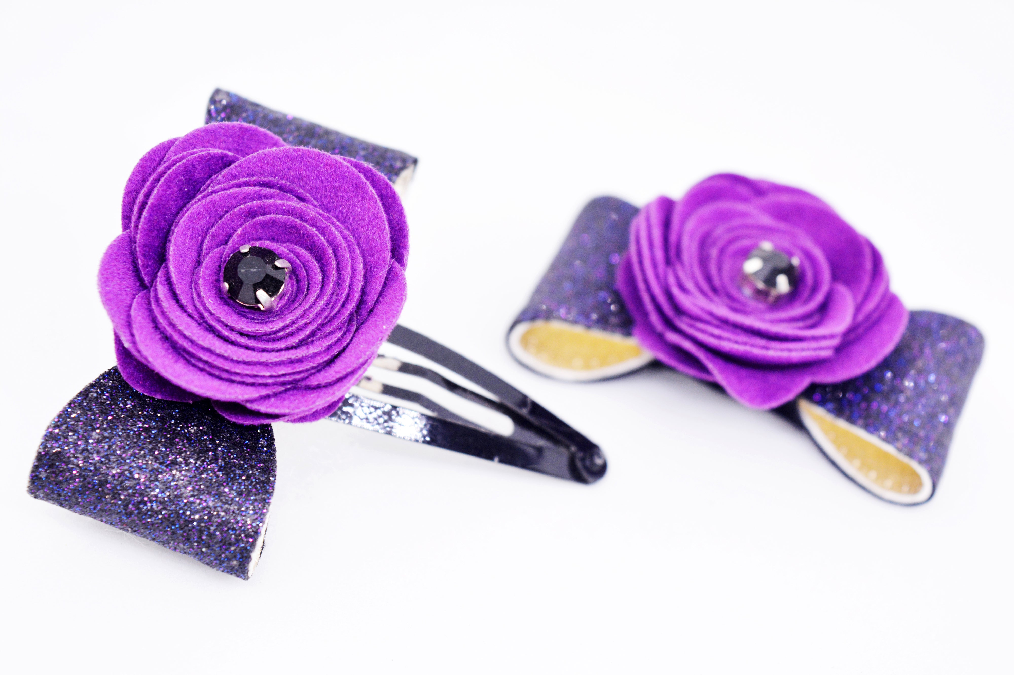 Rose on Bow SnapOn Clip Pair - Purple & Black