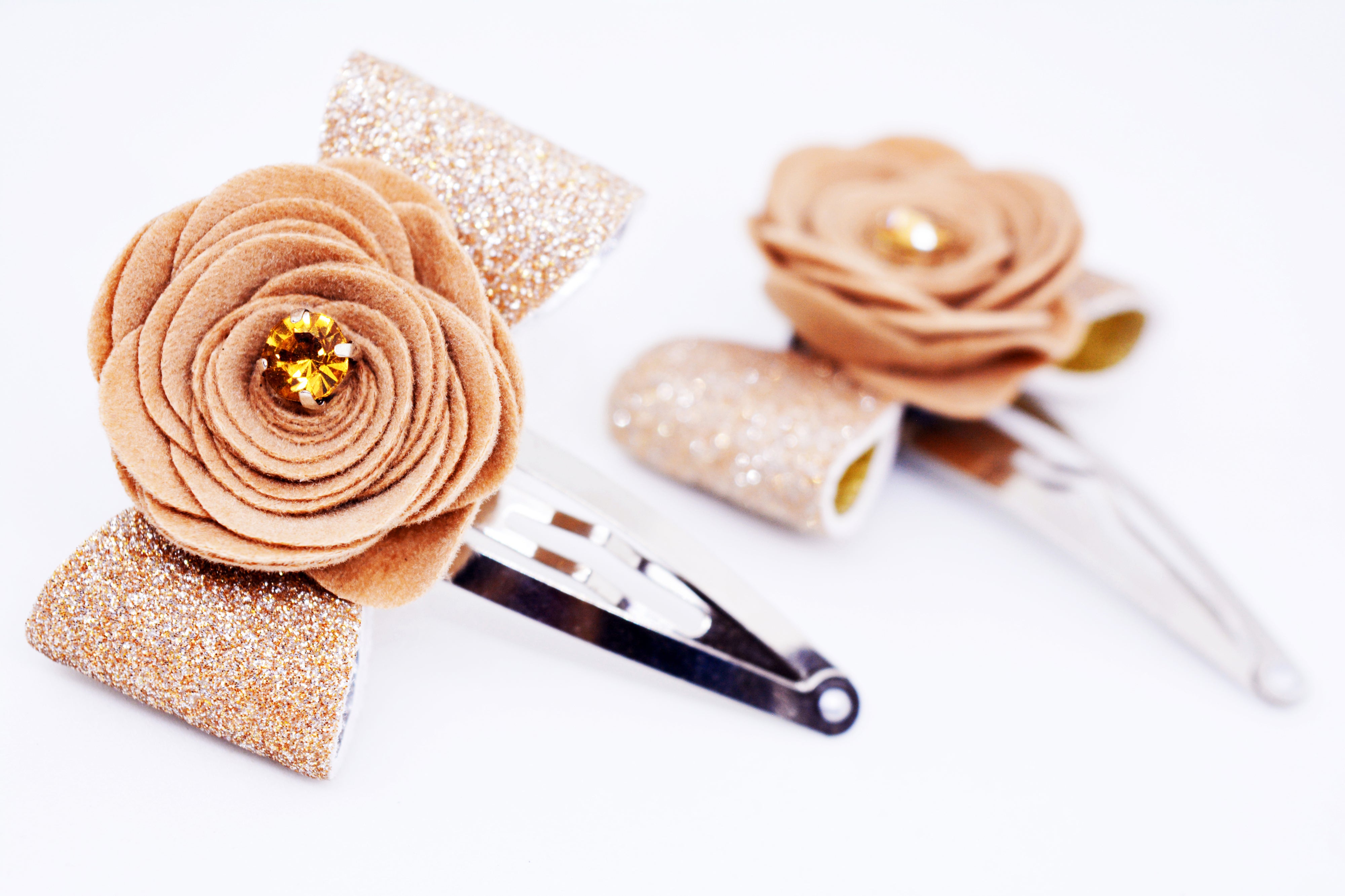 Rose on Bow SnapOn Clip Pair - Rose Gold/ Brown