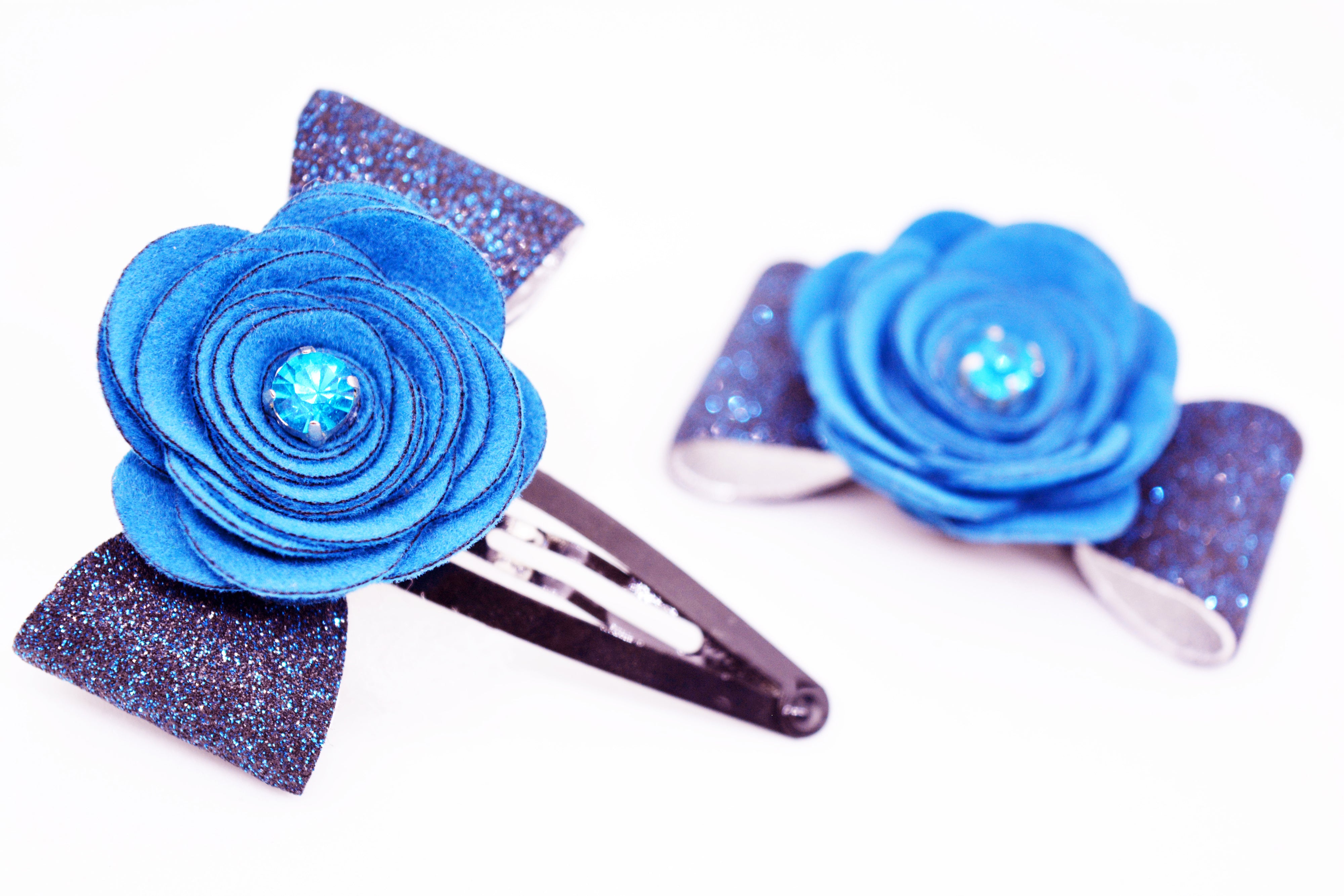 Rose on Bow SnapOn Clip Pair - Peacock Blue
