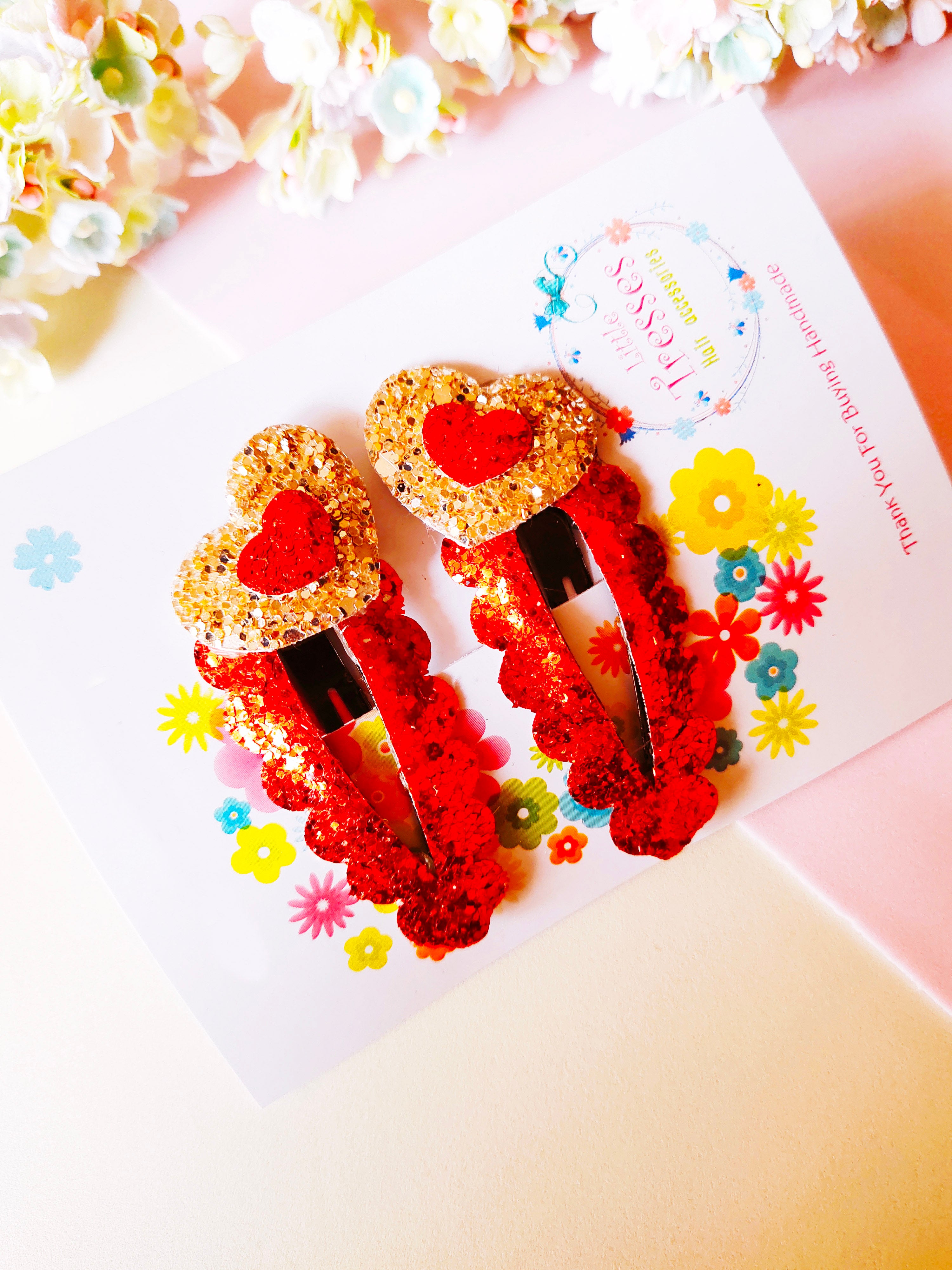 Tilted Hearts SnapOn Clip Pair - Red & Golden