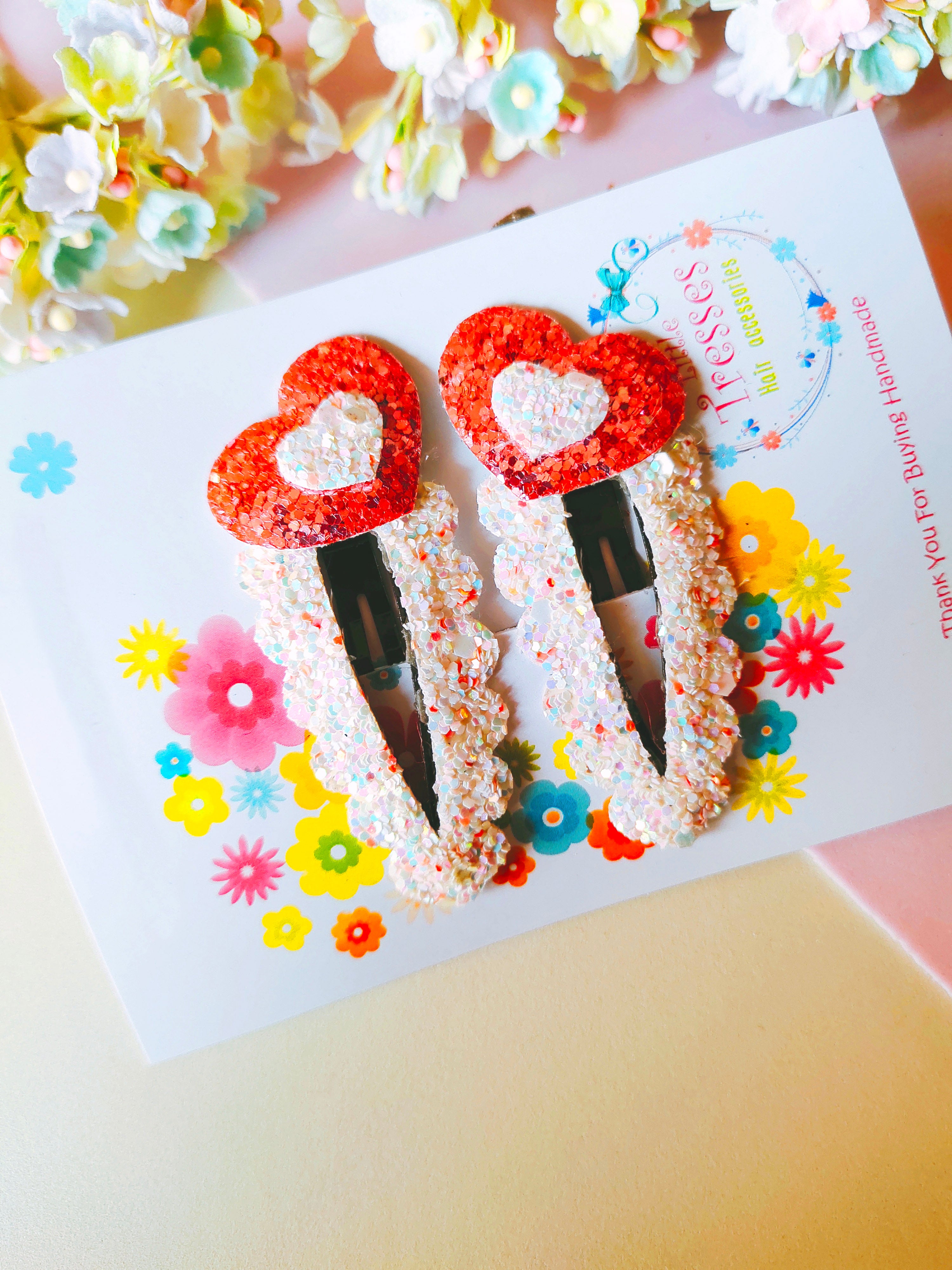 Tilted Hearts SnapOn Clip Pair - White & Pink