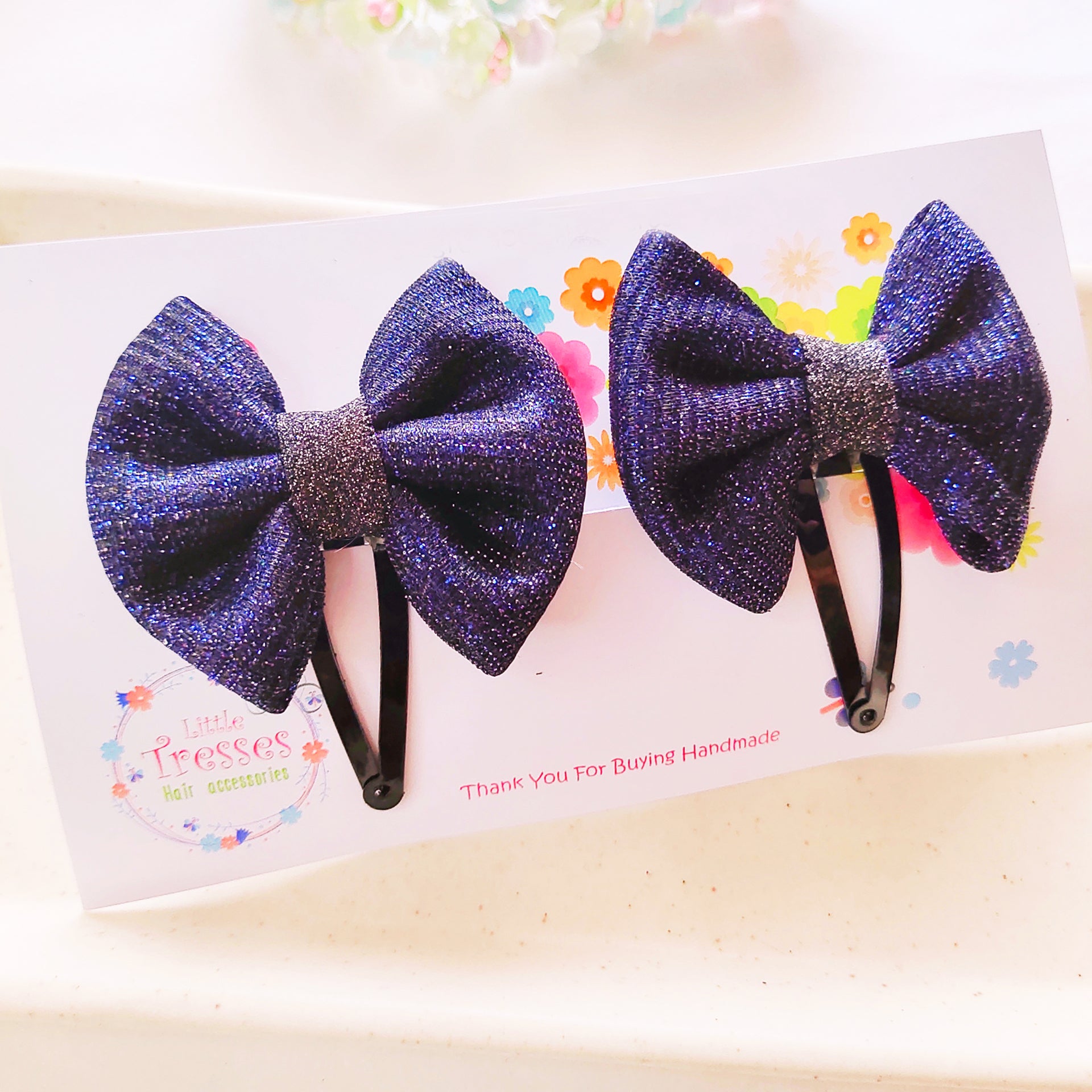 Shimmer Bow SnapOn Clip Pair - Dark Blue