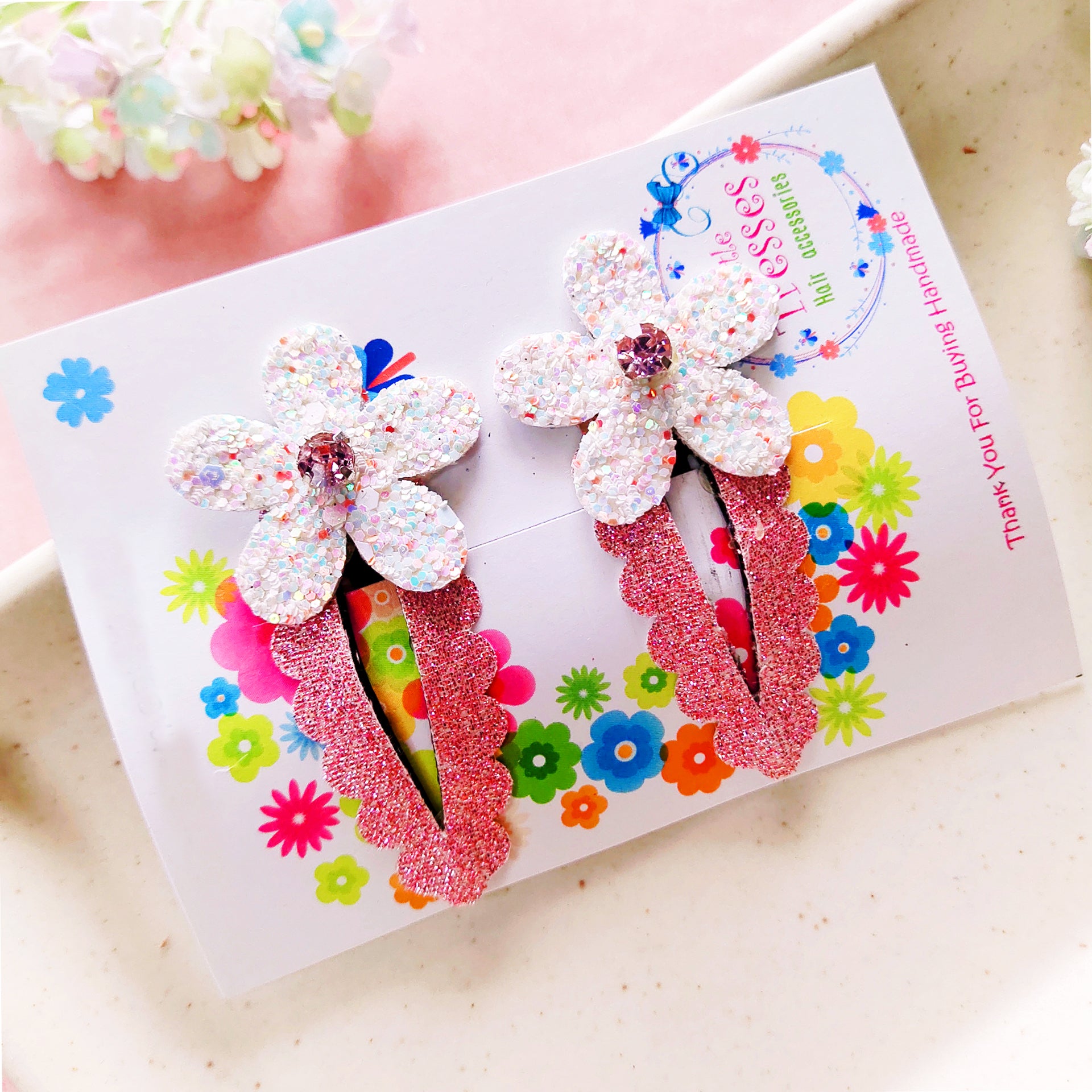 Flower SnapOn Clip Pair - White & Pink