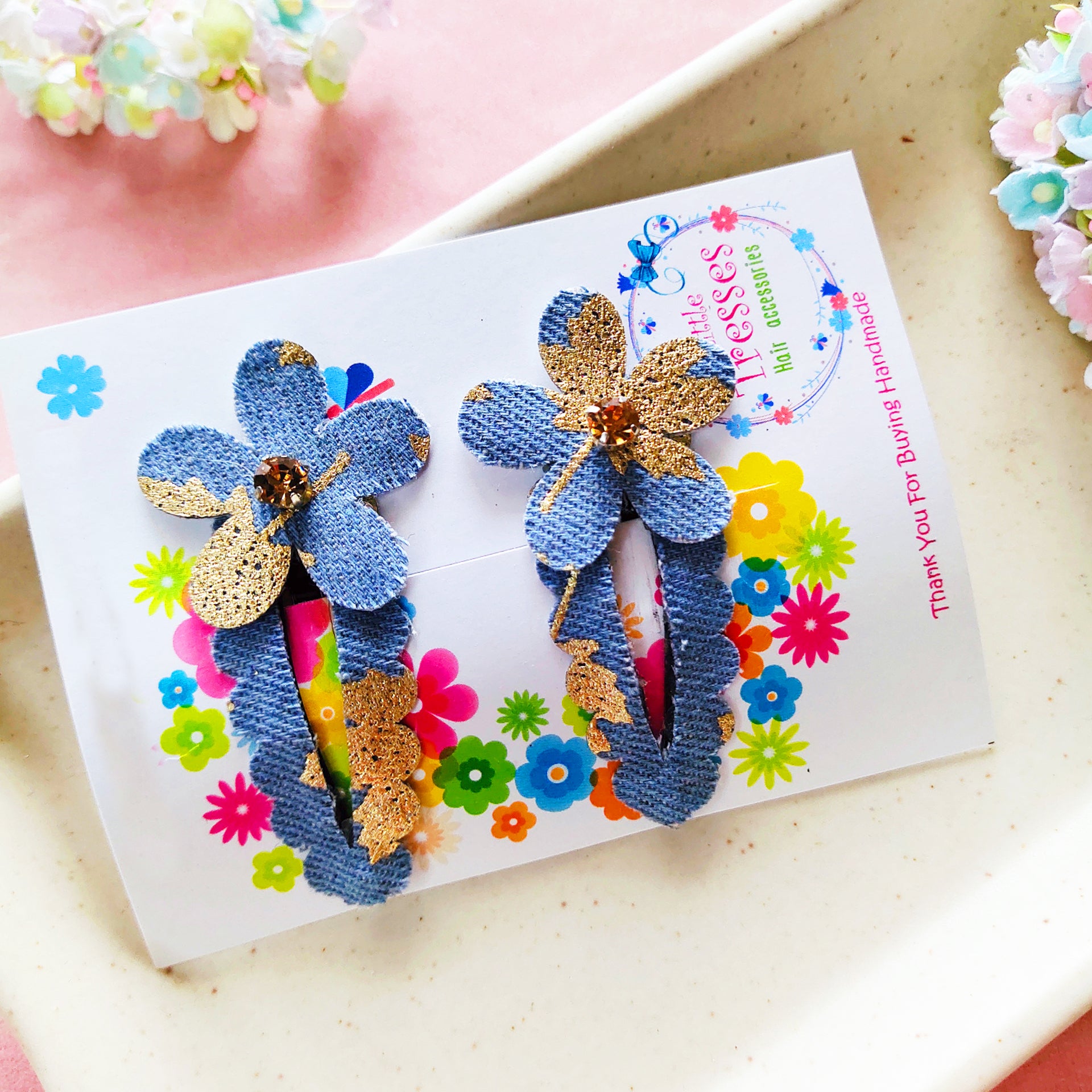 Flower SnapOn Clip Pair - Light Blue Denim