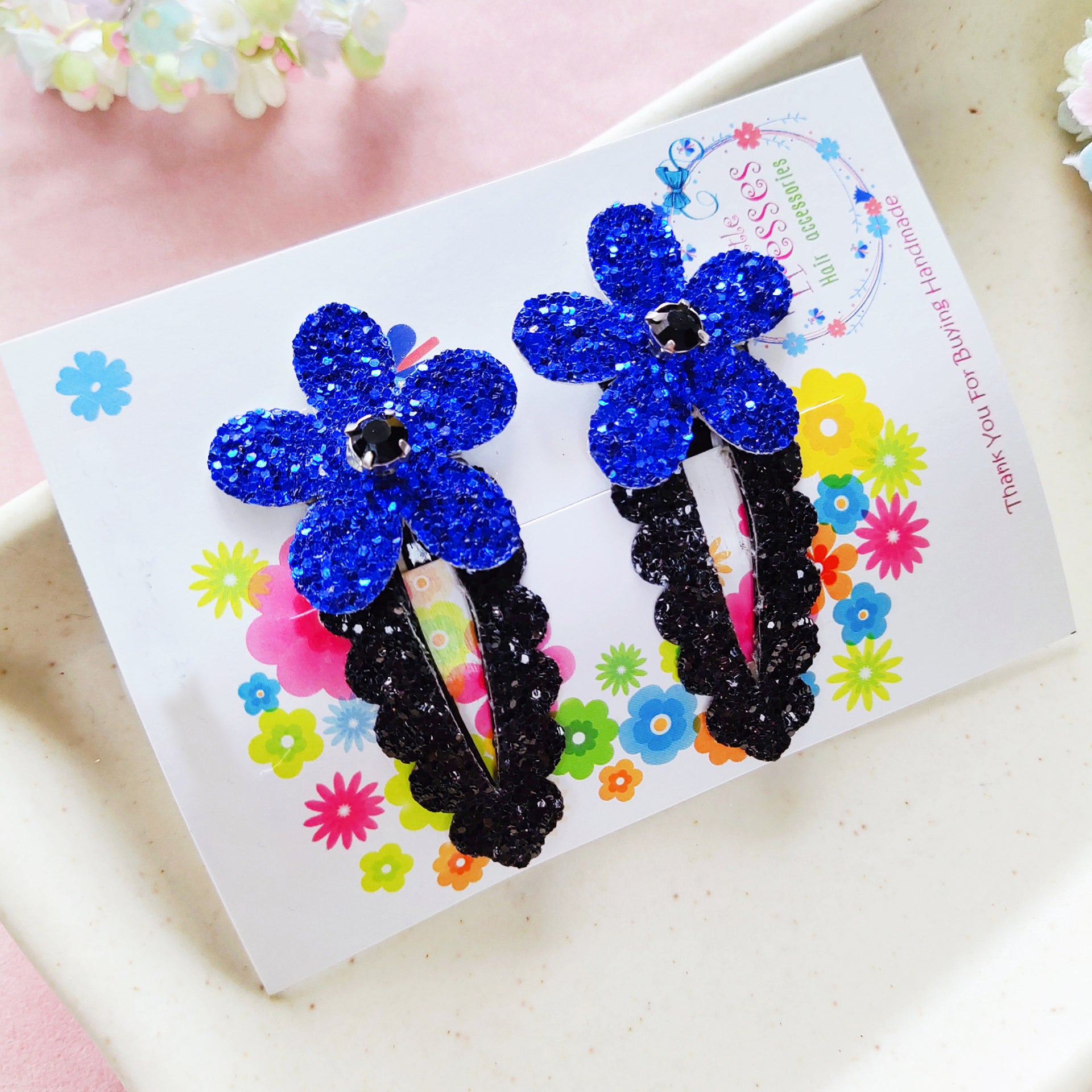 Flower SnapOn Clip Pair - Dark Blue