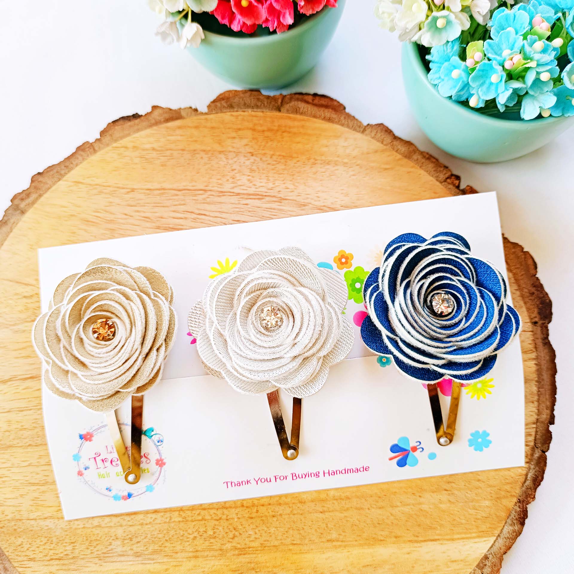Combo of 3 Rose Clips - Golden, Silver, Blue