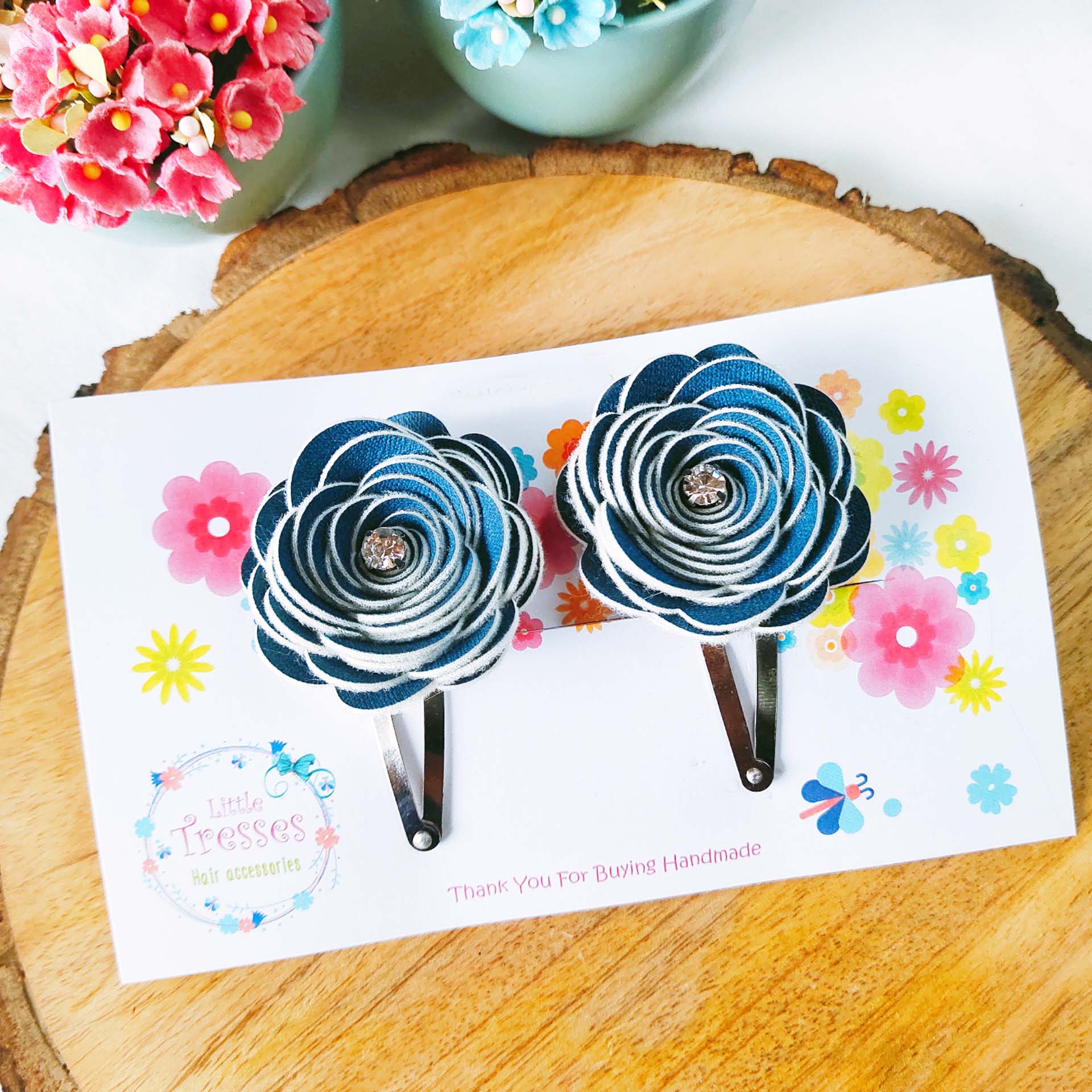 Rose Flower SnapOn Clip Pair - Navy Blue