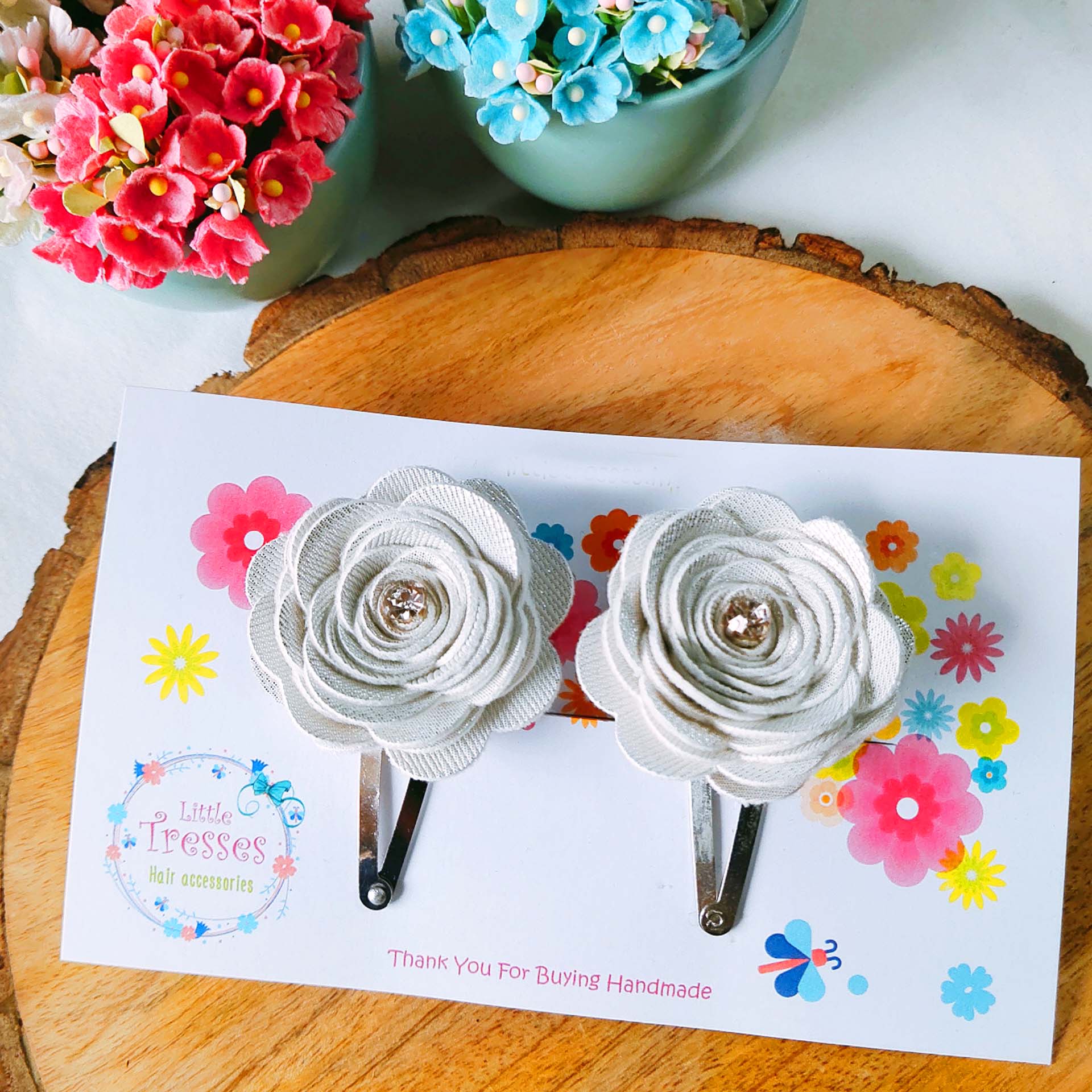 Rose Flower SnapOn Clip Pair - White