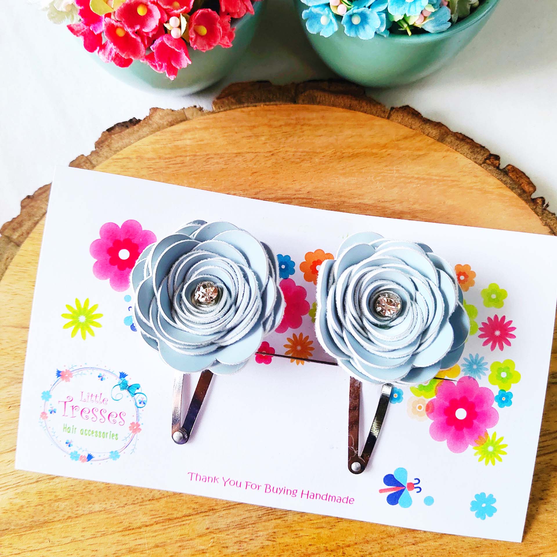 Rose Flower SnapOn Clip Pair - Light Blue