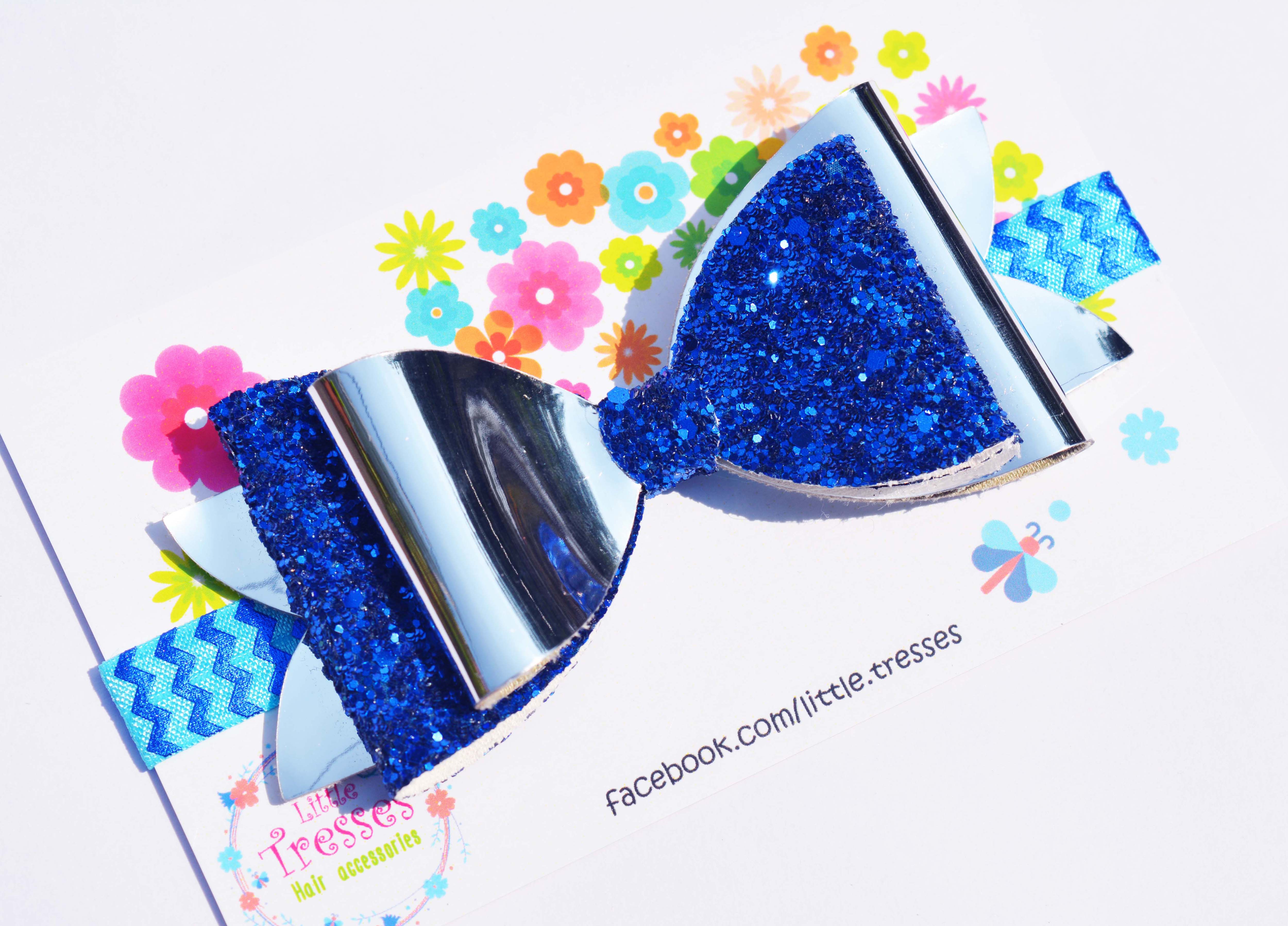 Big Double Layer Bow Soft Stretchable Headband - Dark Blue & Silver