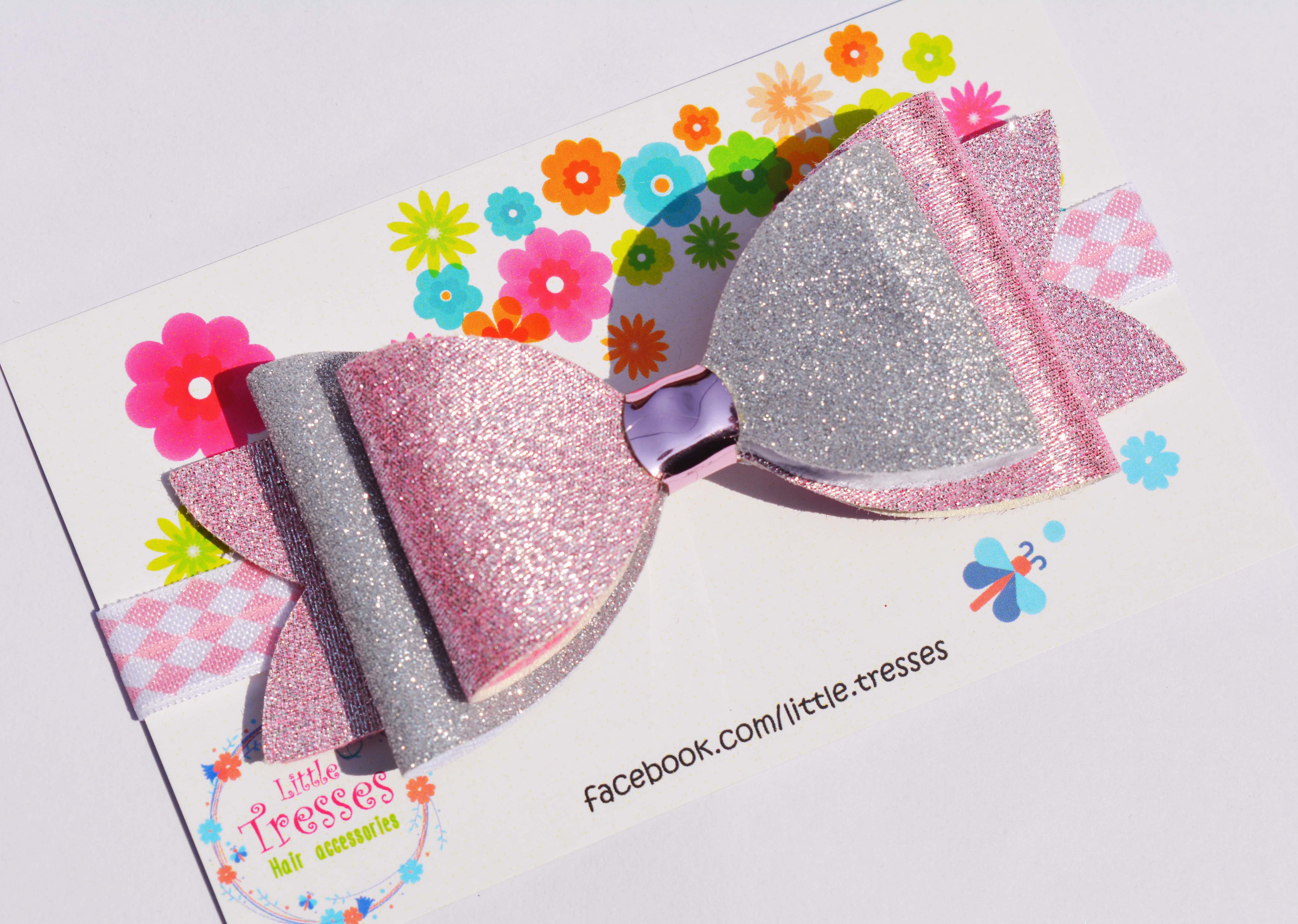 Big Double Layer Bow Soft Stretchable Headband - Baby Pink & Silver
