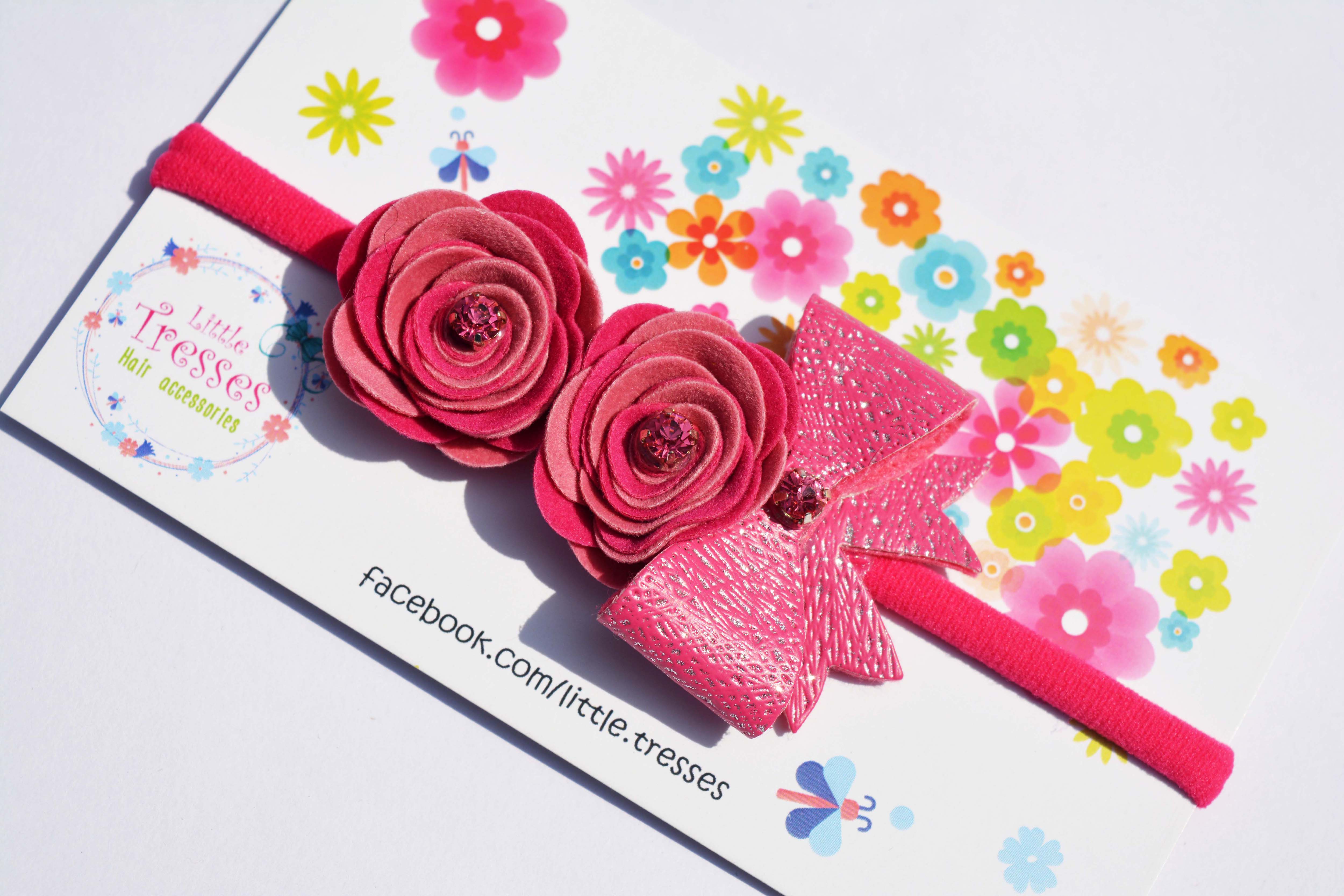 Roses with Bow Soft Stretchable headband - Pink