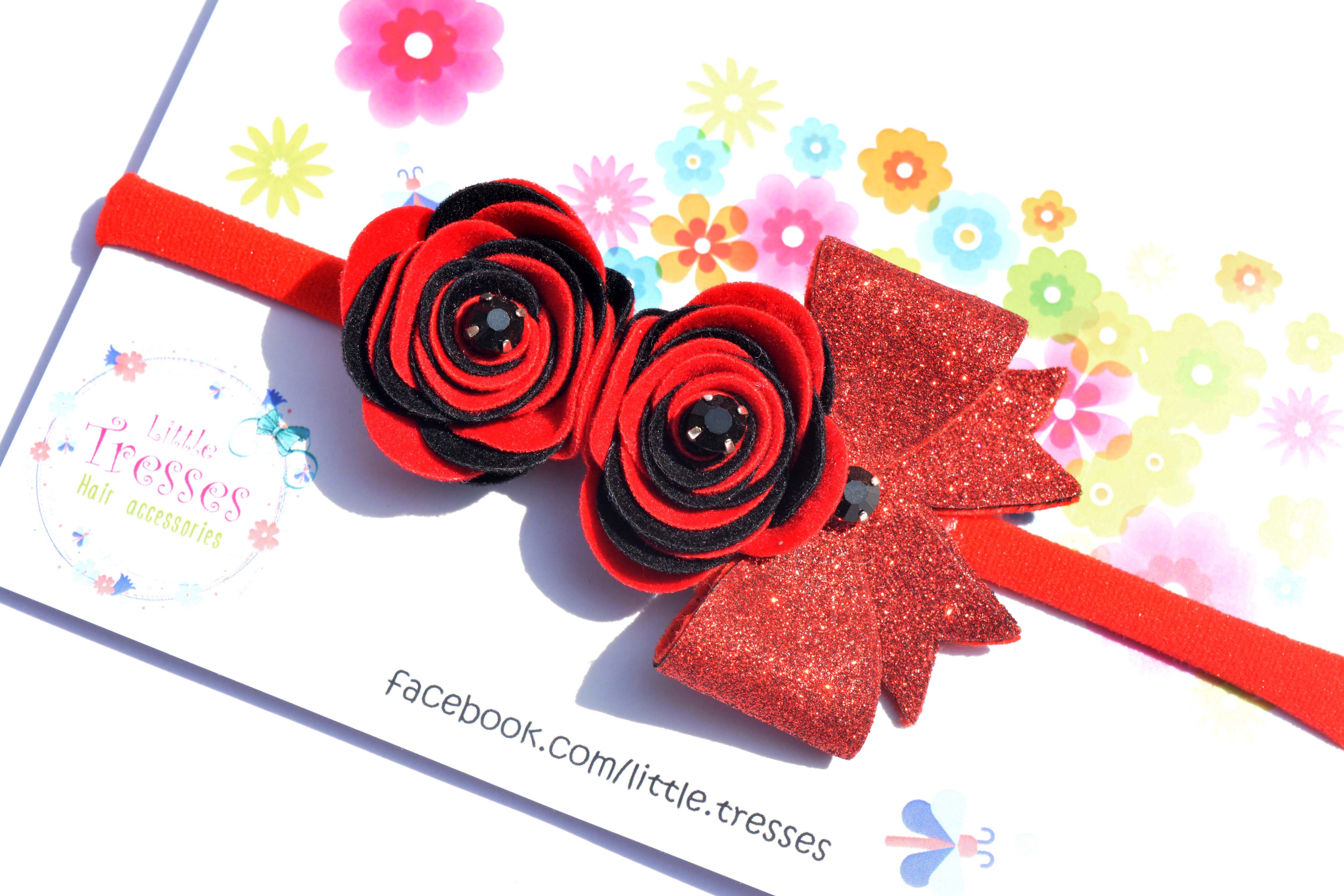 Roses with Bow Soft Stretchable headband - Red & Black