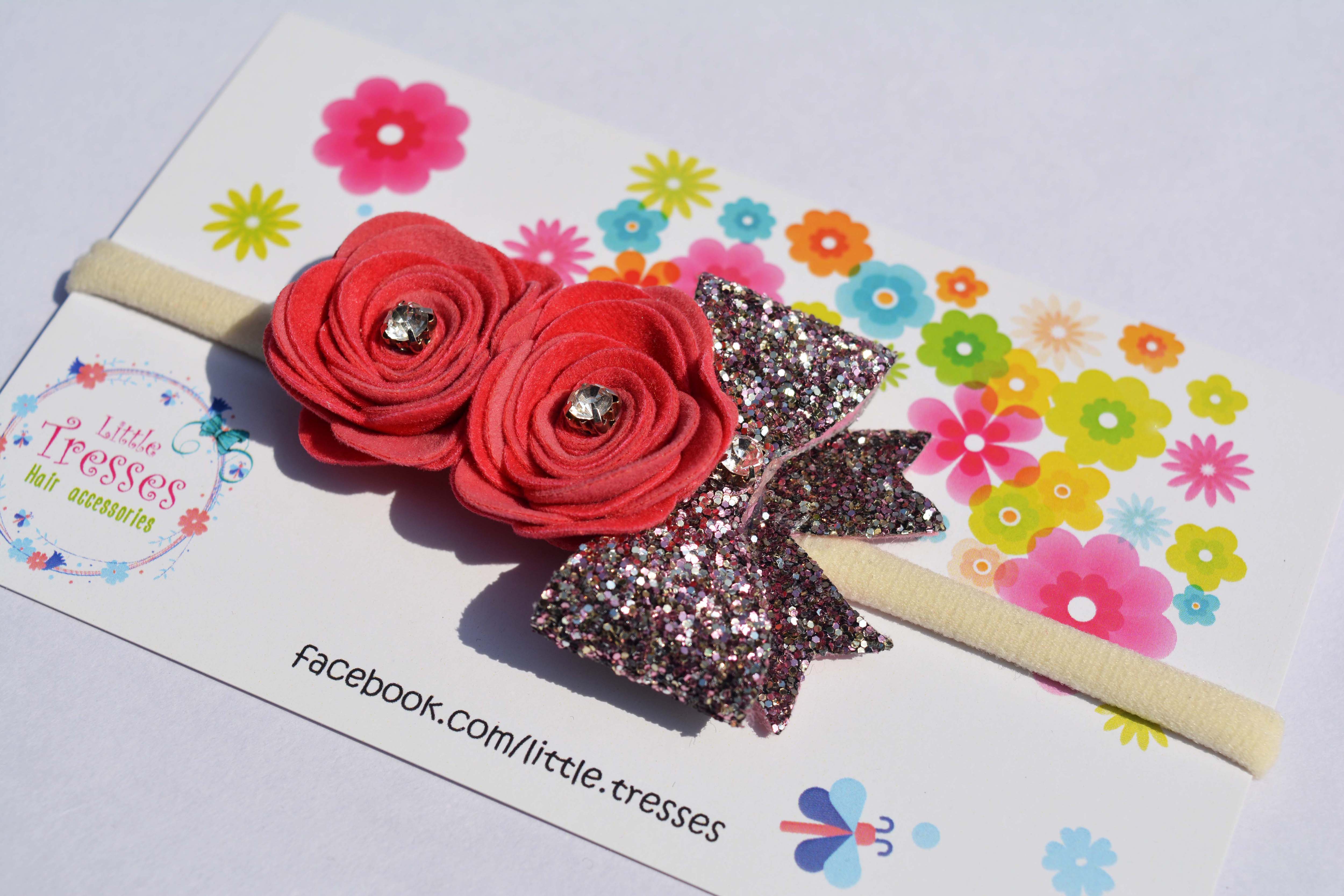 Roses with Bow Soft Stretchable headband - Peach