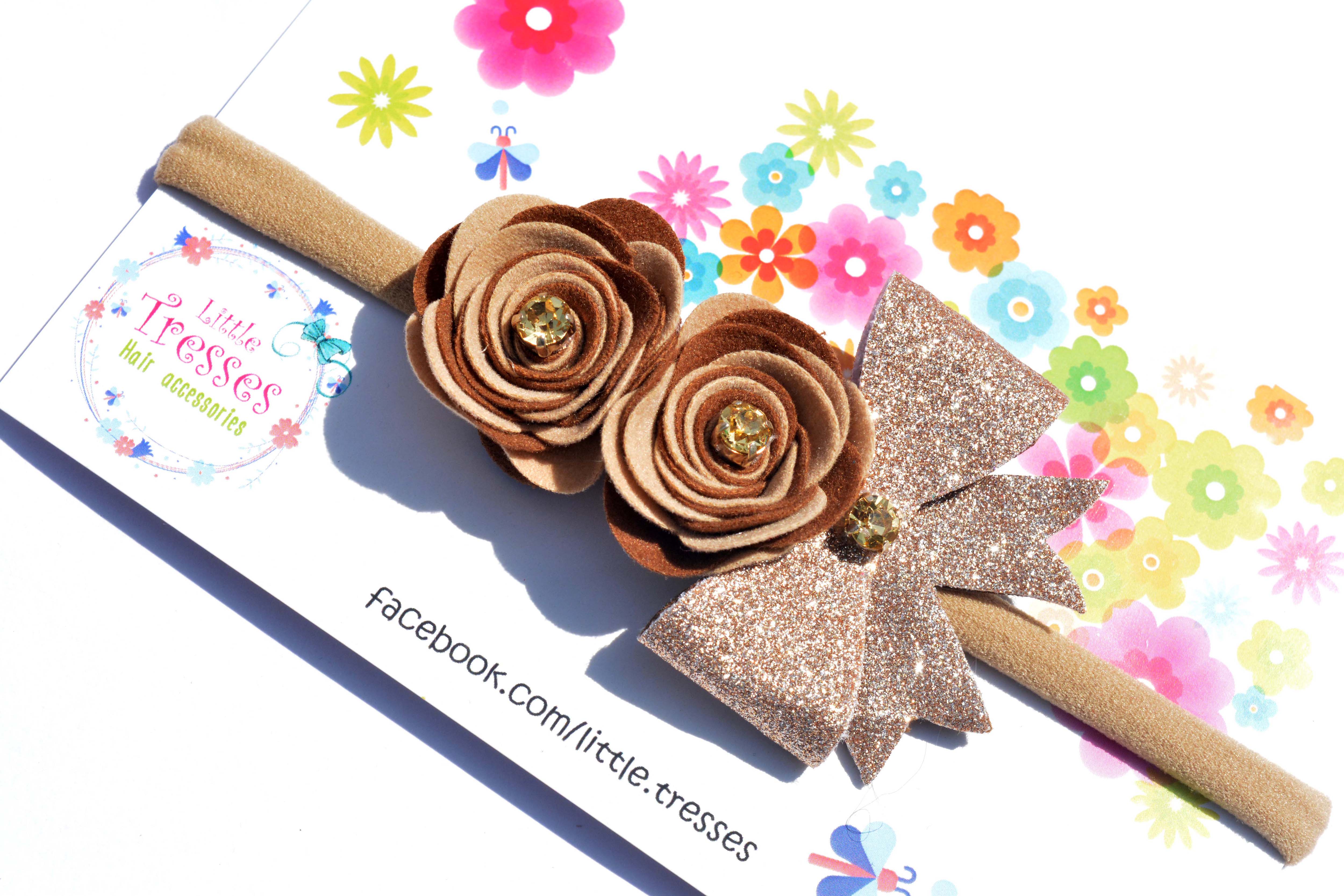 Roses with Bow Soft Stretchable headband - Brown