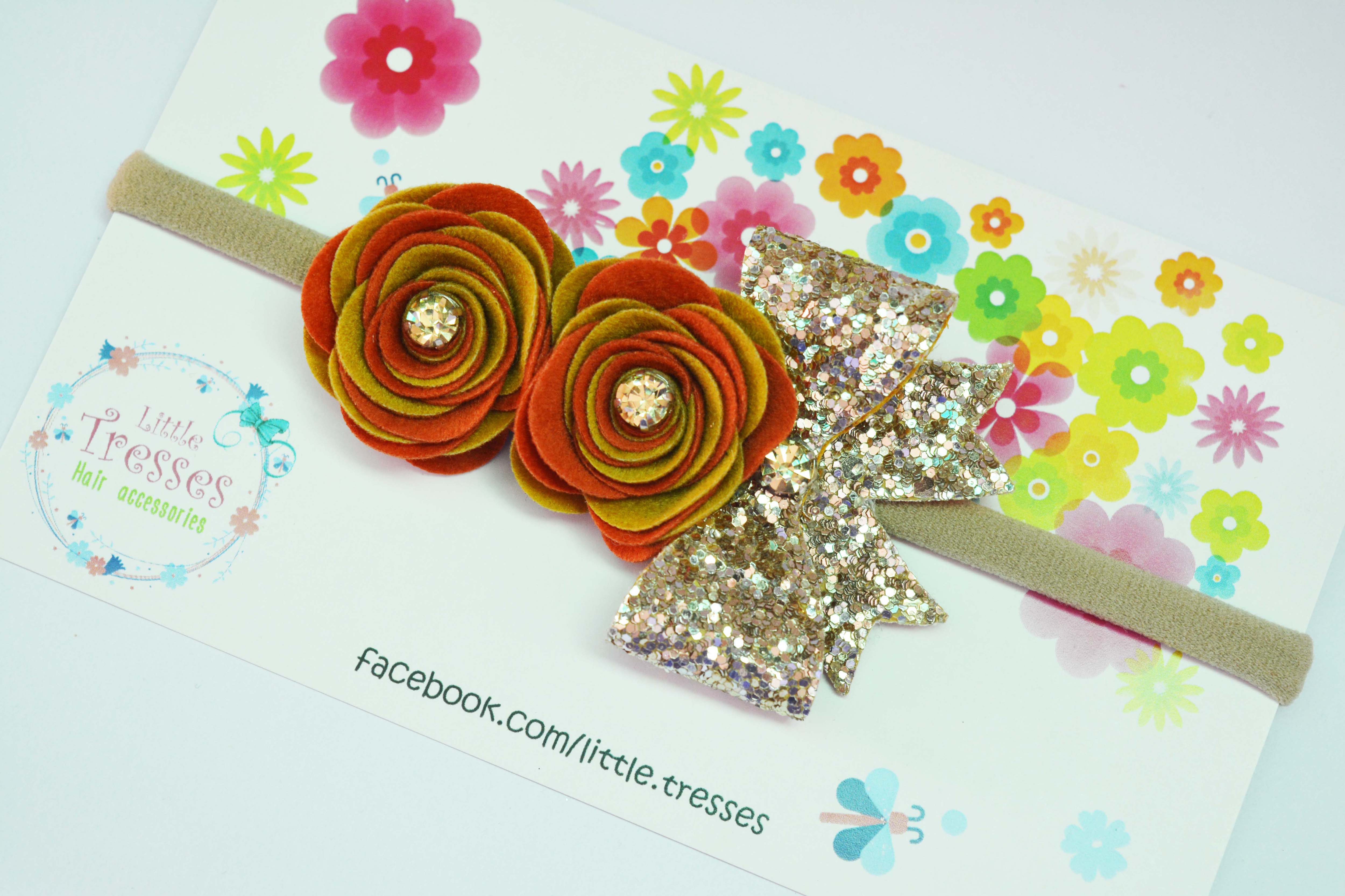 Roses with Bow Soft Stretchable headband - Orange & Golden