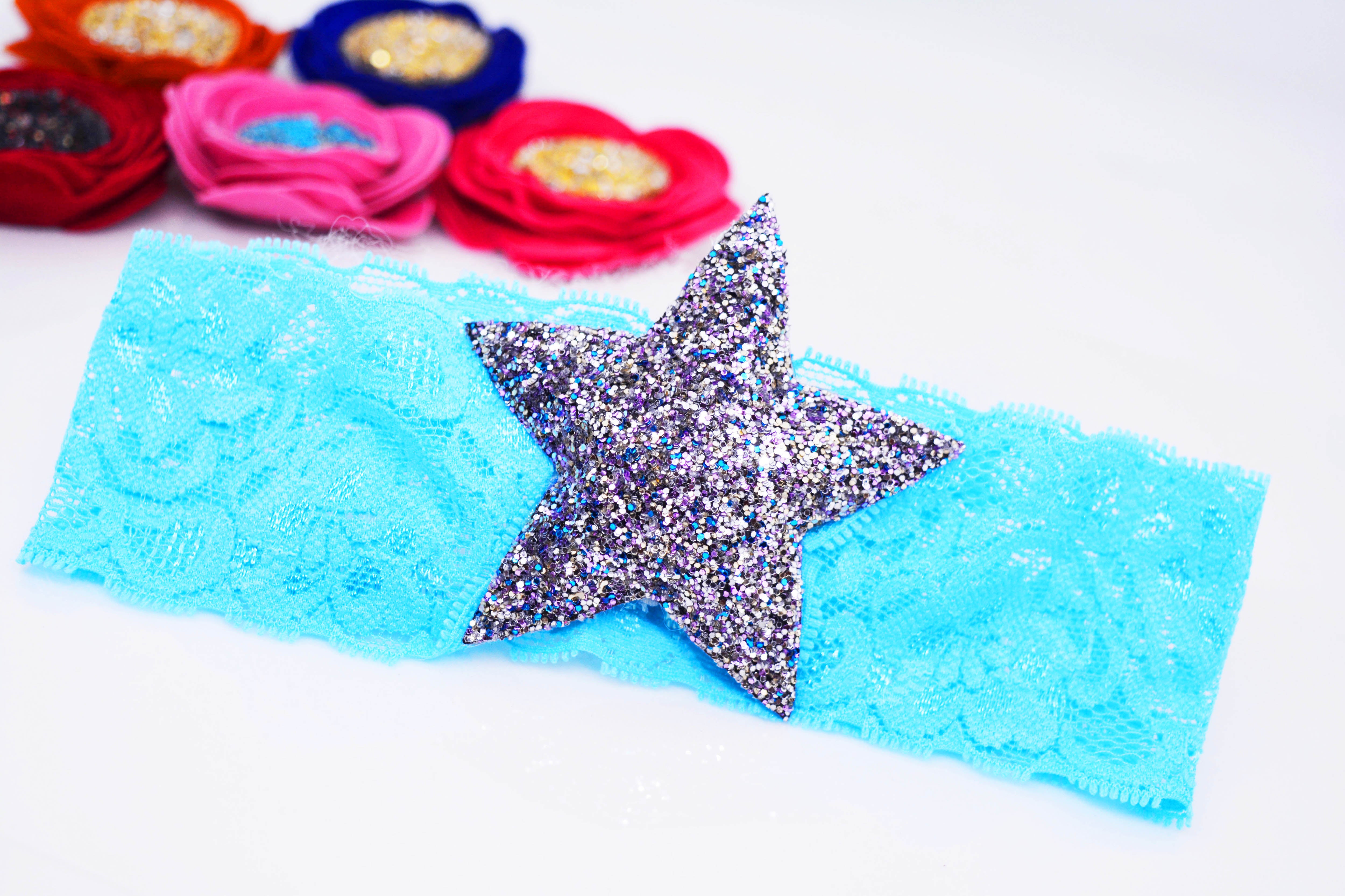 Star Broad Stretchable Lace Headband - Light Blue