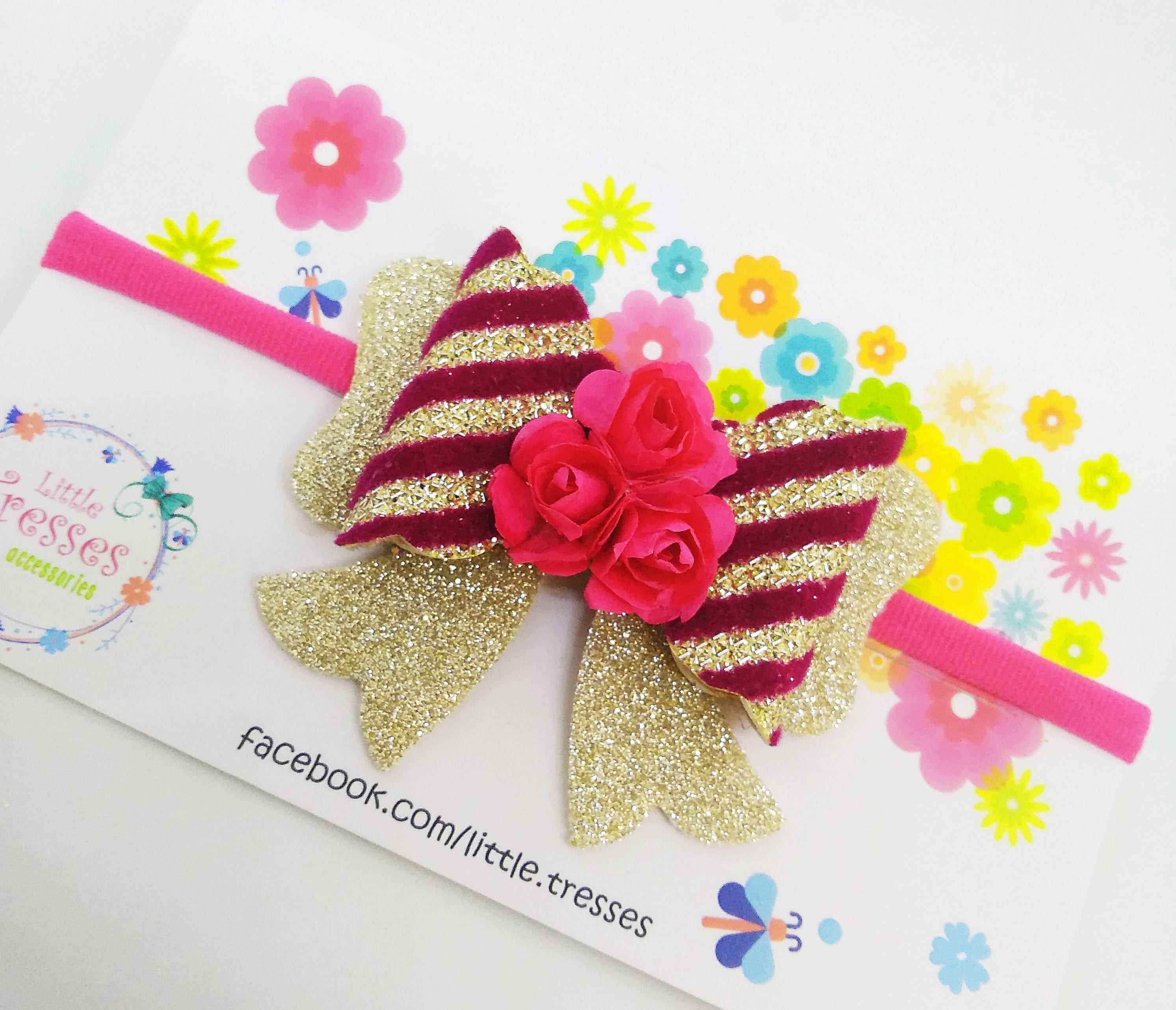 Scalloped Bow with Arrow Soft Stretchable Headband - Dark Pink Stripes