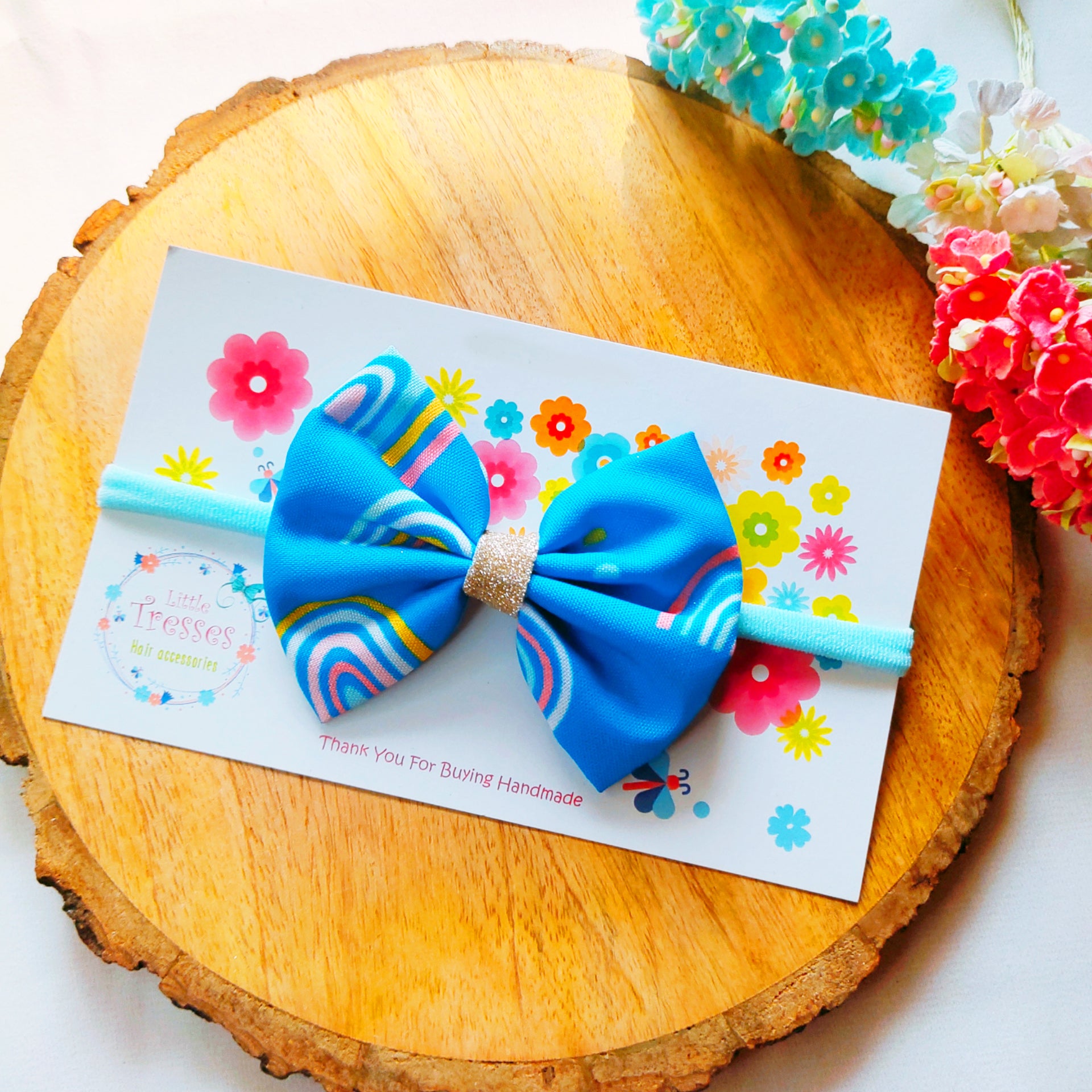 Pinched Bow Soft Headband - Blue Rainbow