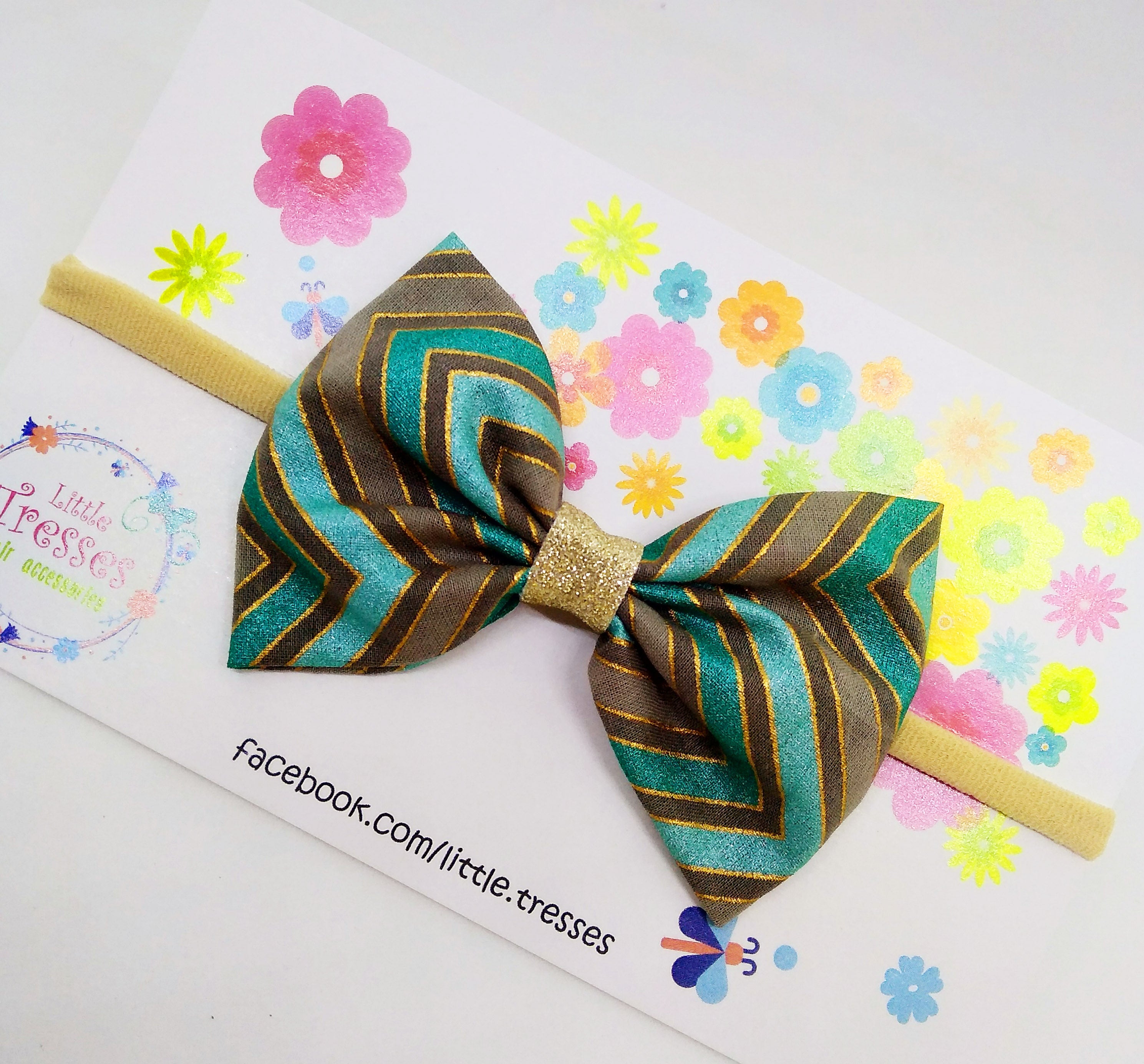 Pinched Bow Soft Headband - Green Chevron