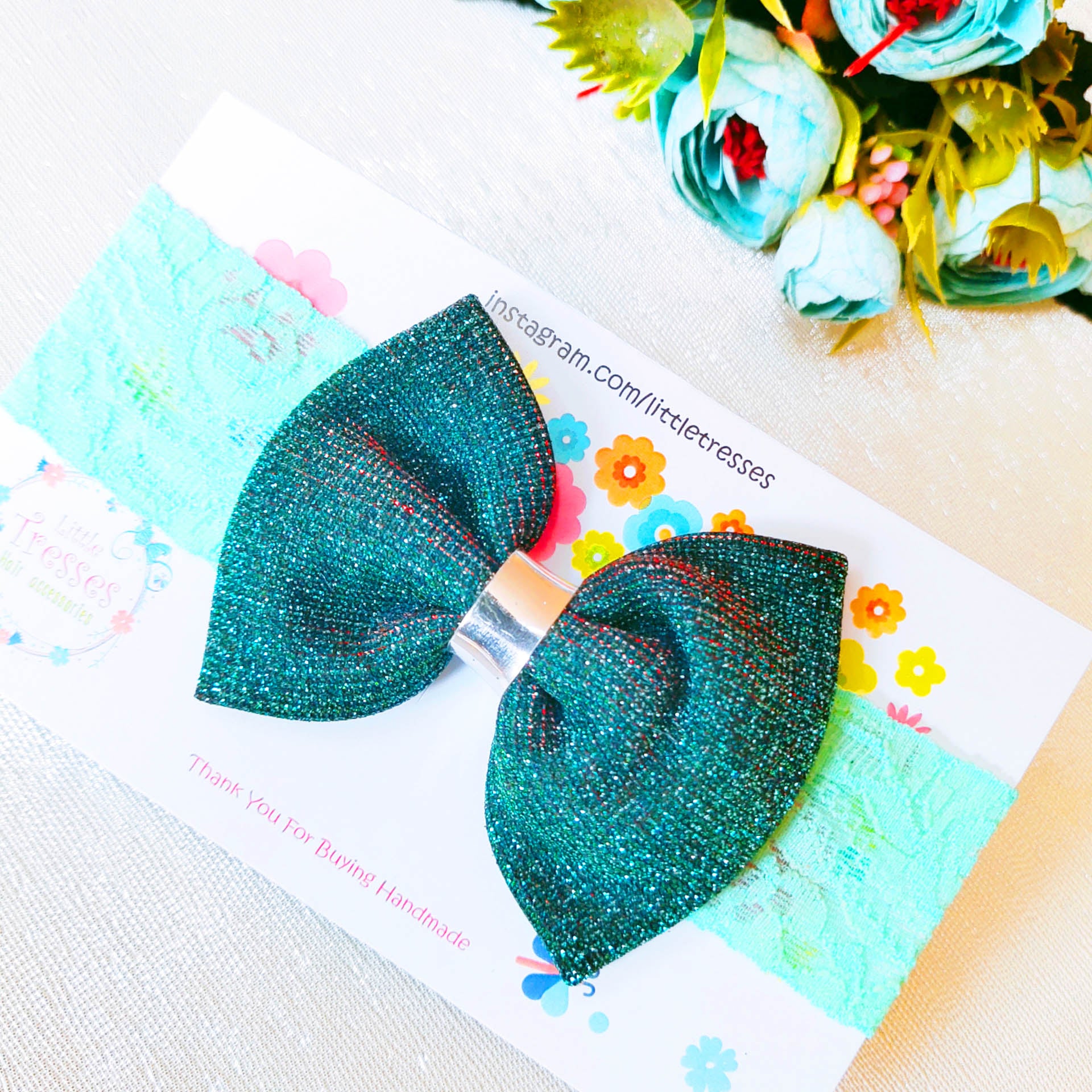 Shimmer Bow Lace Stretchable Headband - Green