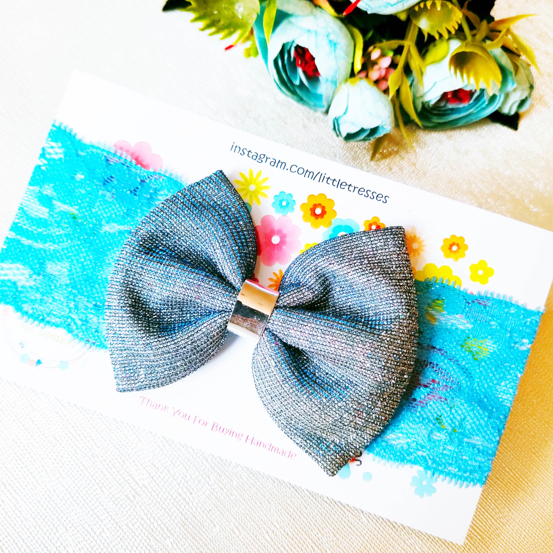 Shimmer Bow Lace Stretchable Headband - Light Blue