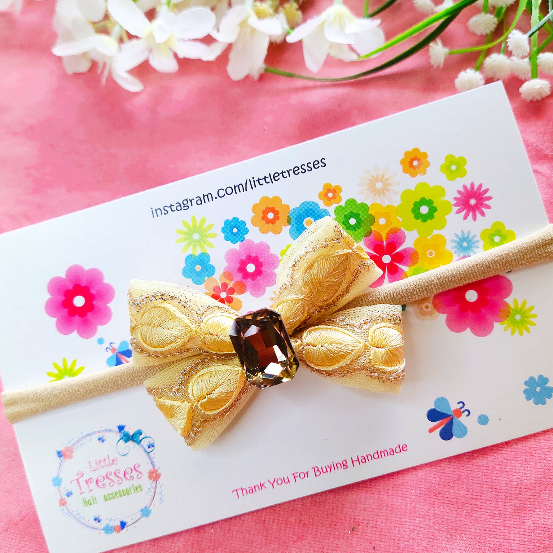 Intricate Embroidery Bow Headband - Golden