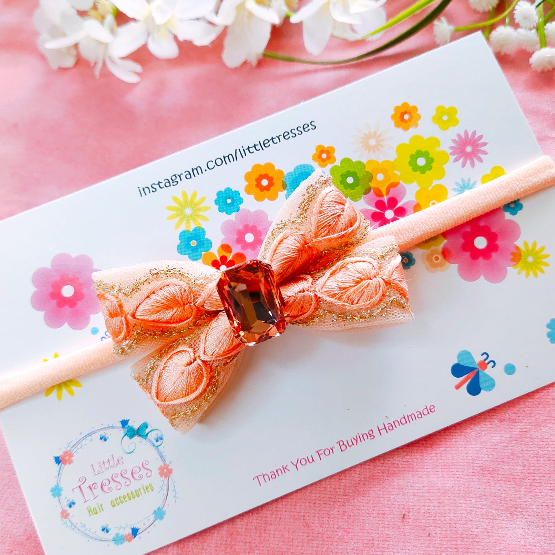 Intricate Embroidery Bow Headband - Peach