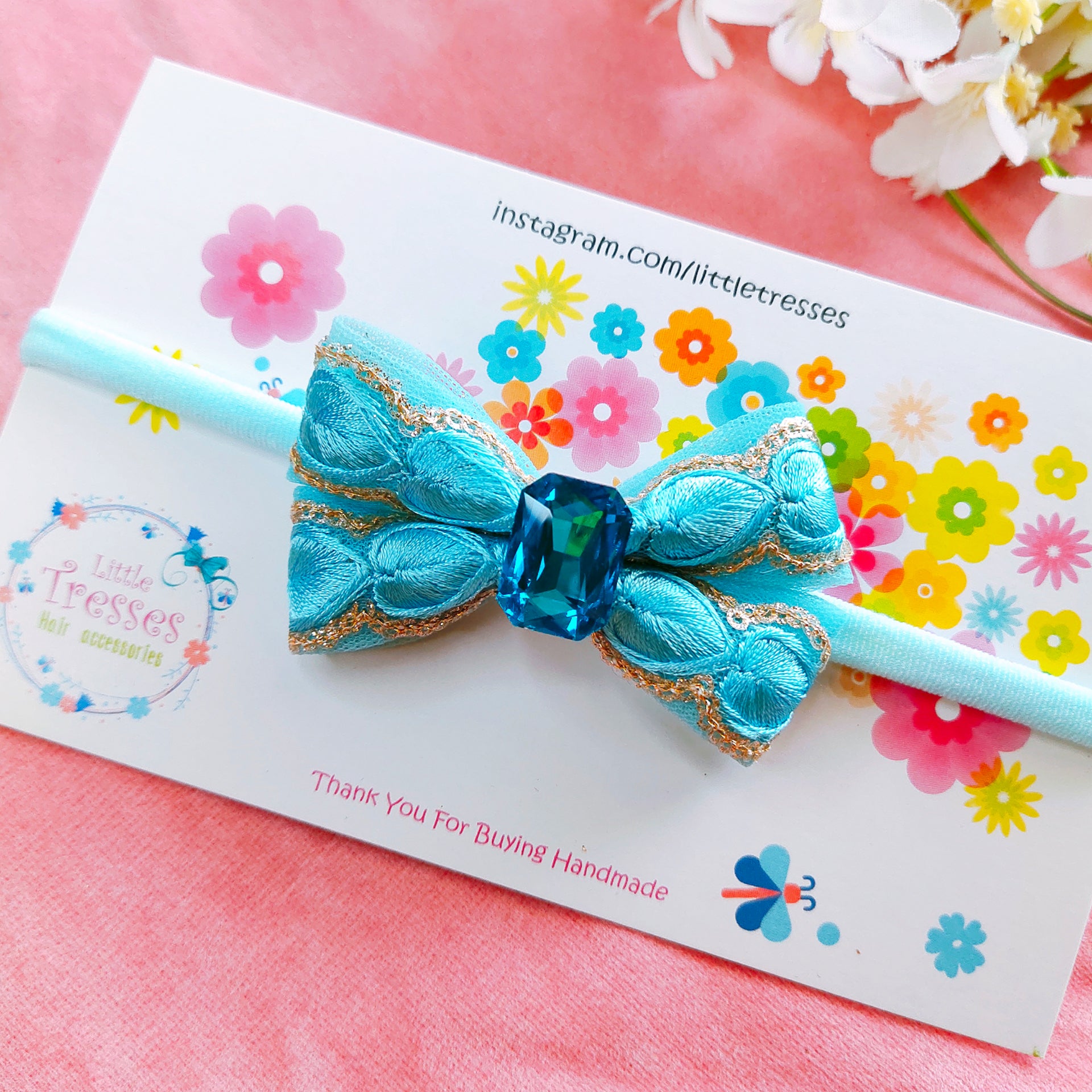 Intricate Embroidery Bow Headband - Light Blue