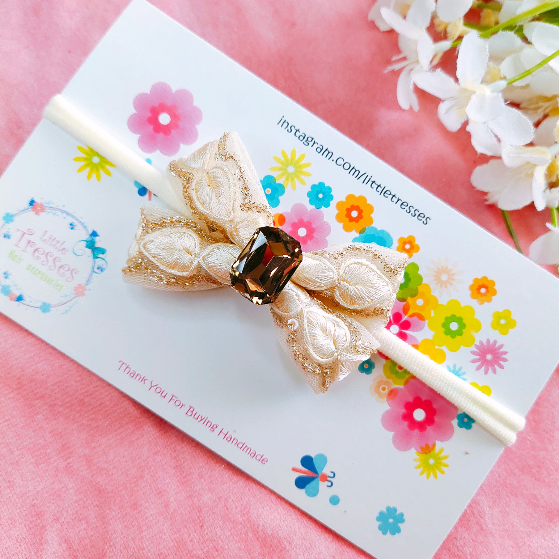 Intricate Embroidery Bow Headband - Cream