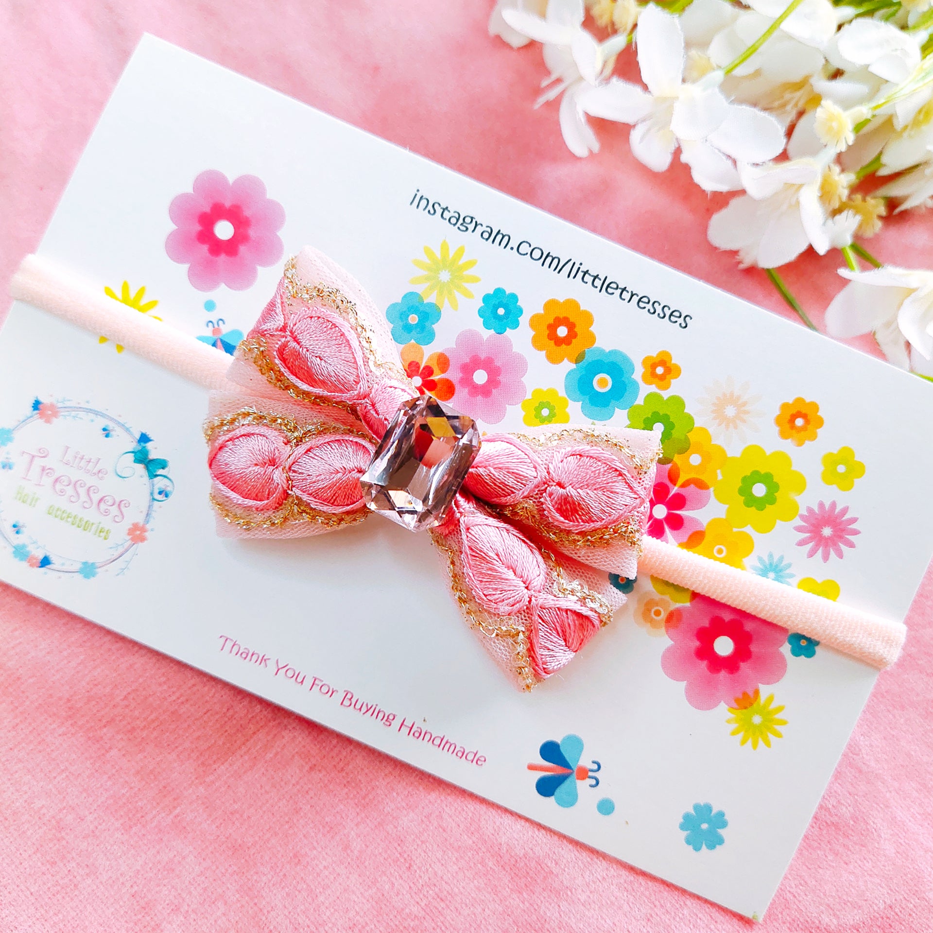 Embroidery Bow Headband - Light Pink