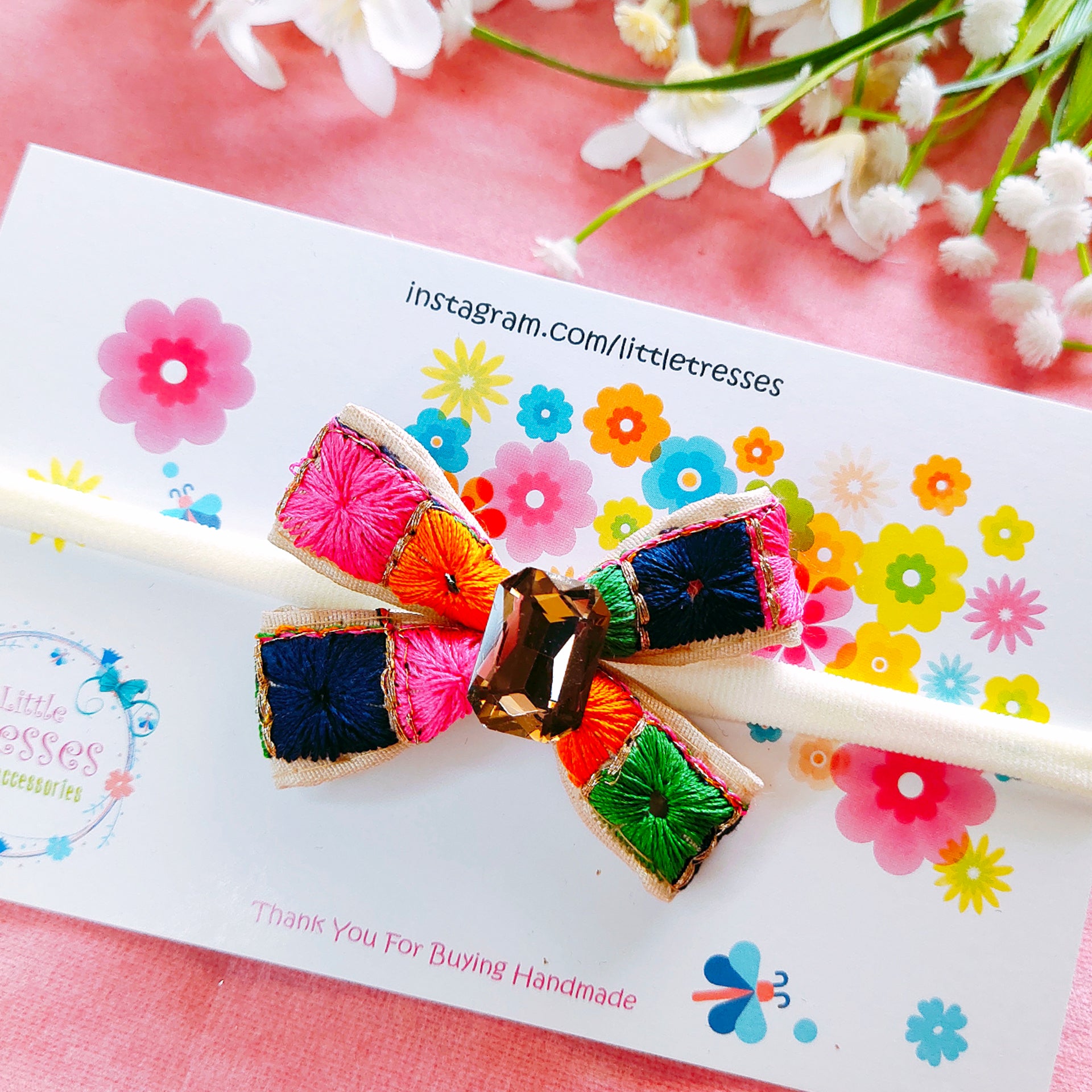 Embroidery Knot Bow Headband - Cream