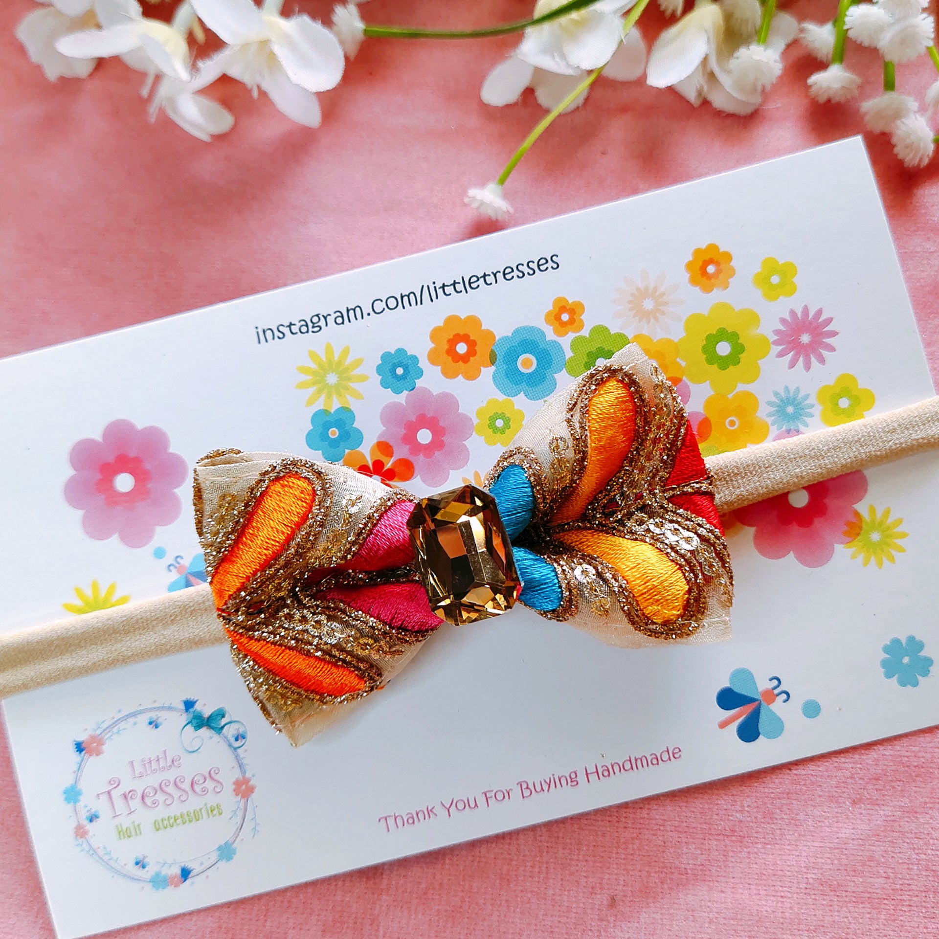 Multicolor Embroidery Bow Soft Headband