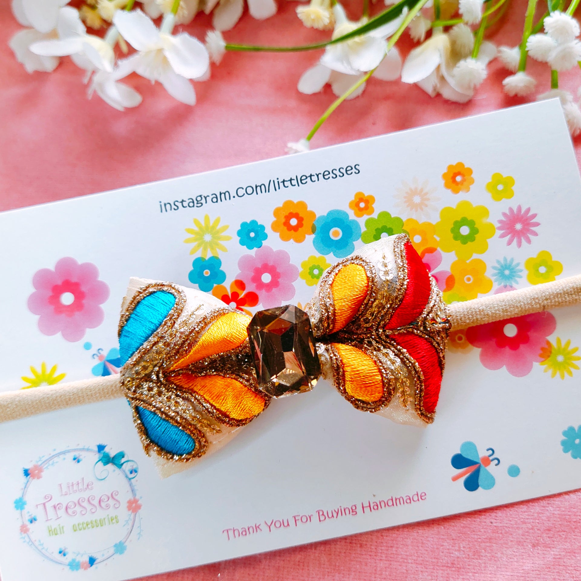 Multicolor Embroidery Bow Soft Headband