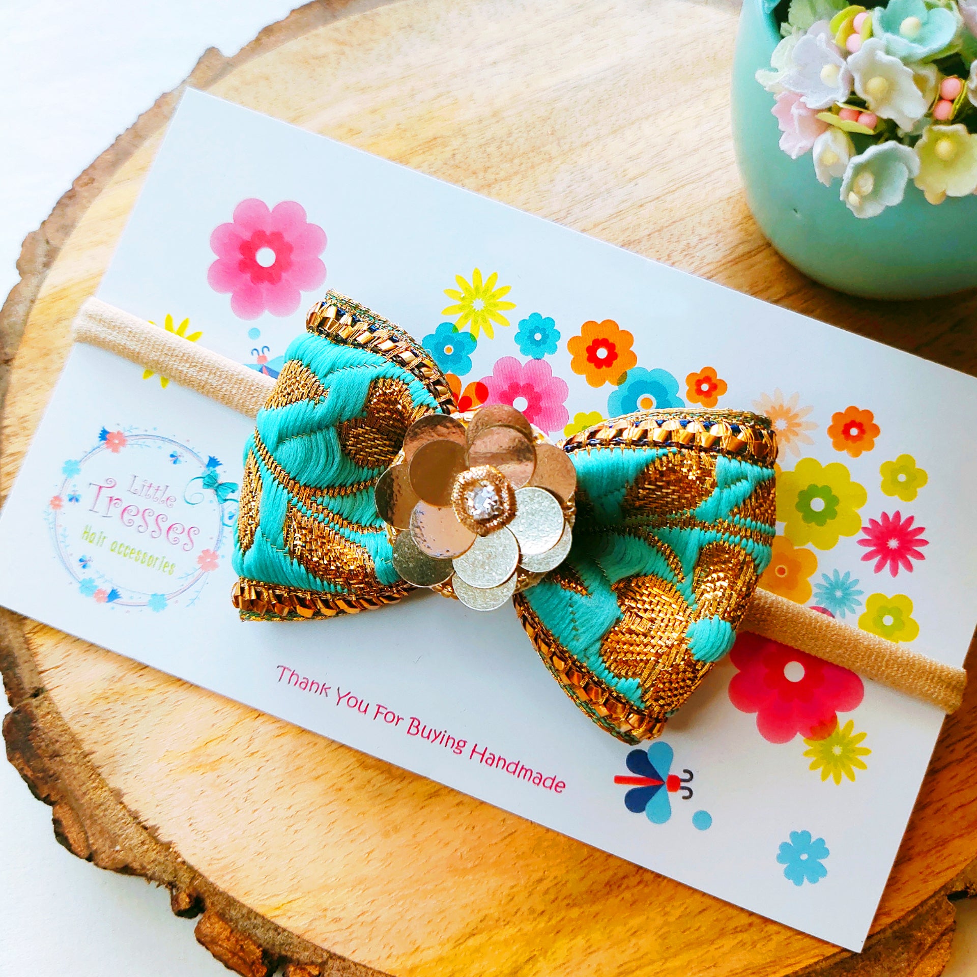 Blue & Golden Embroidery Bow with Flower Soft Headband