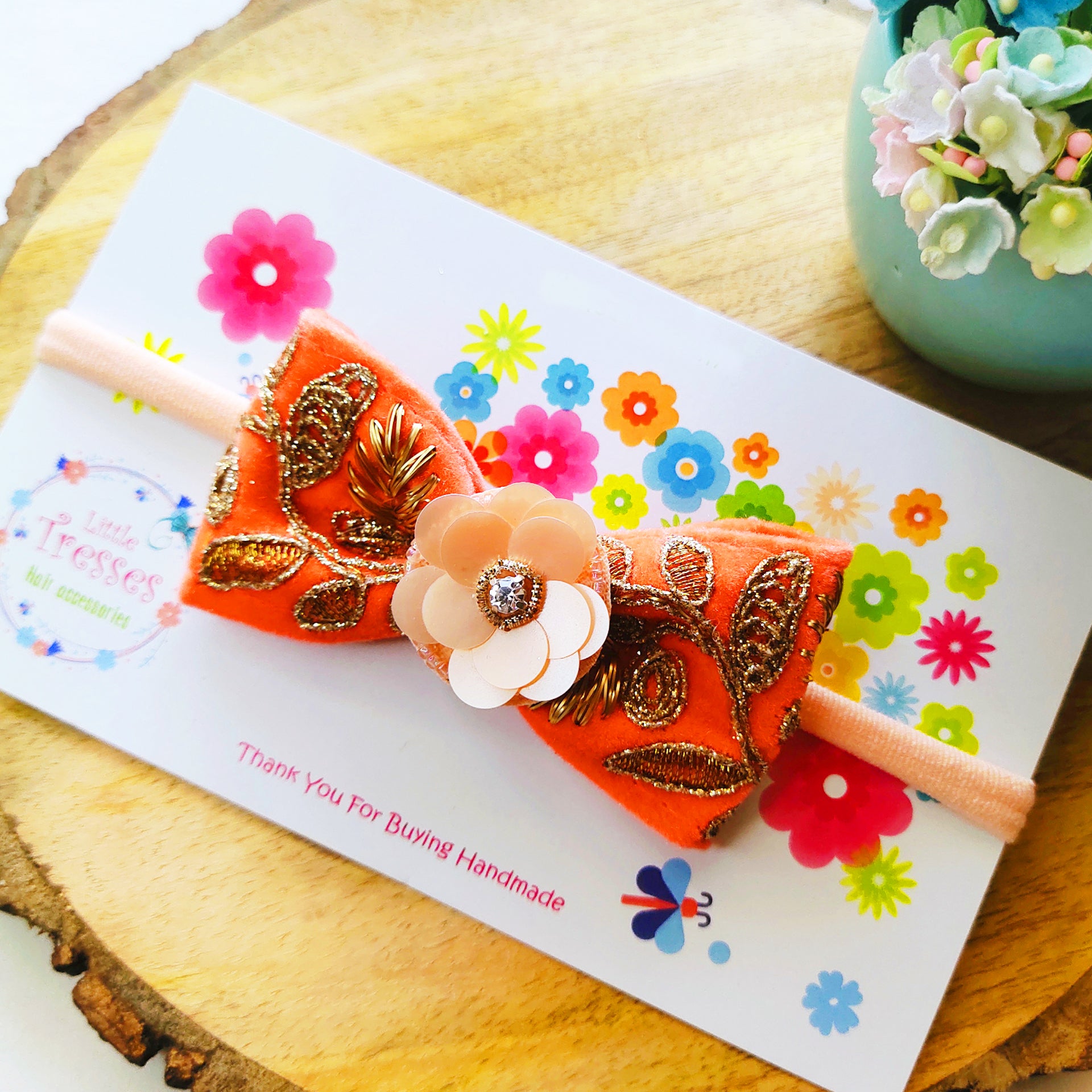 Peach Velvet Embroidery Bow with Flower Soft Headband