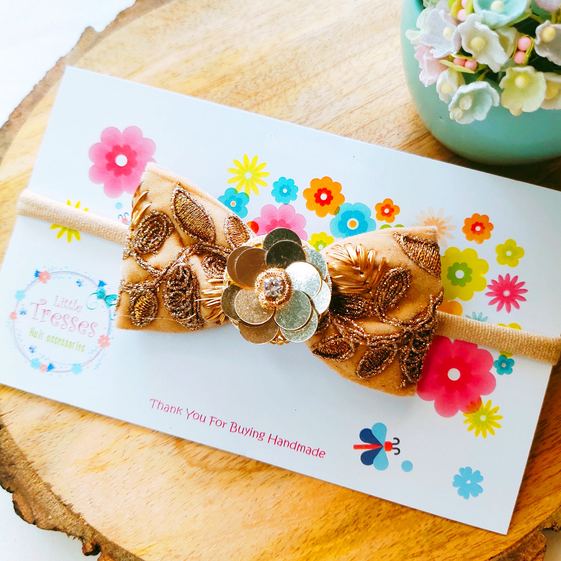 Golden Velvet Embroidery Bow with Flower Soft Headband