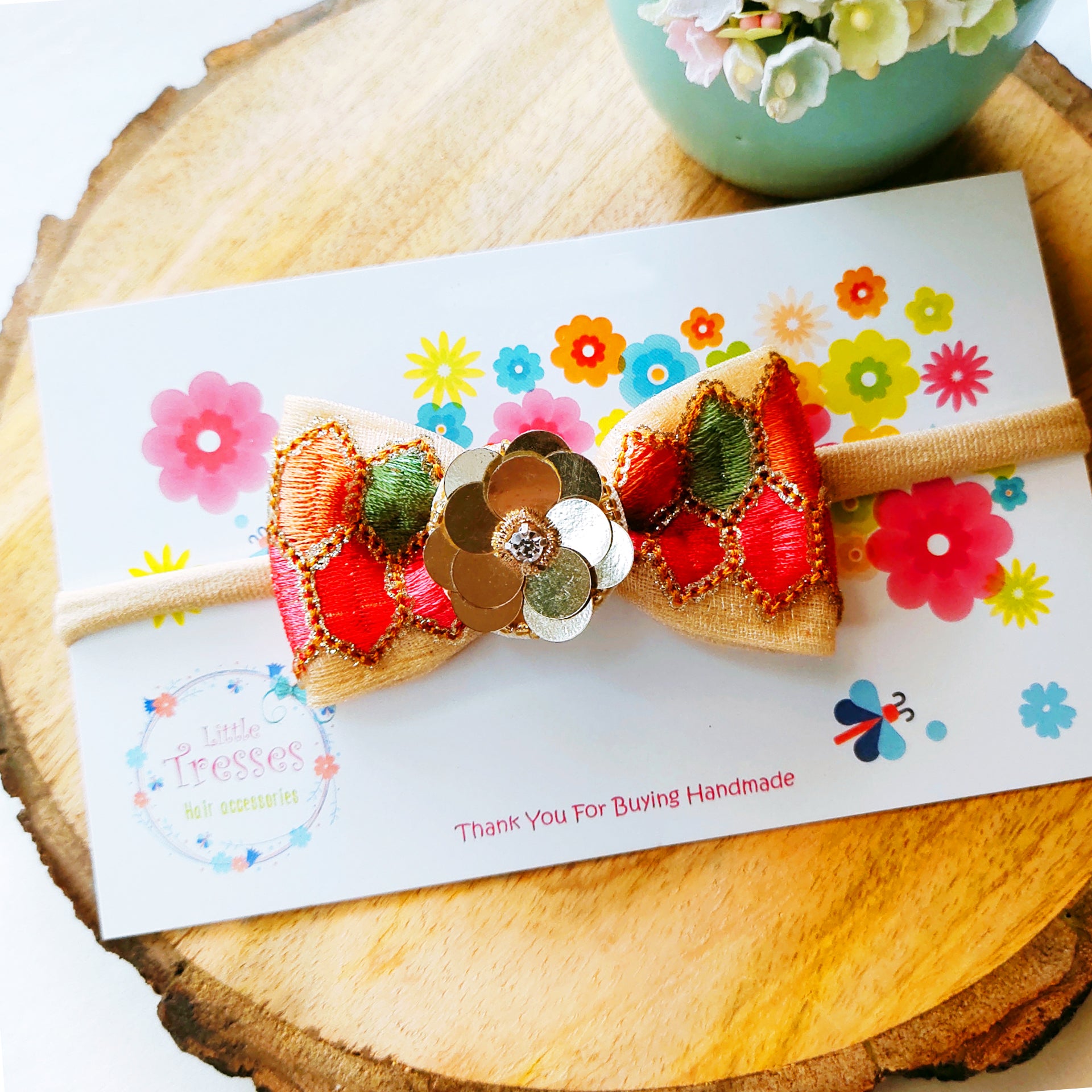 Golden Embroidery Bow with Flower Soft Headband