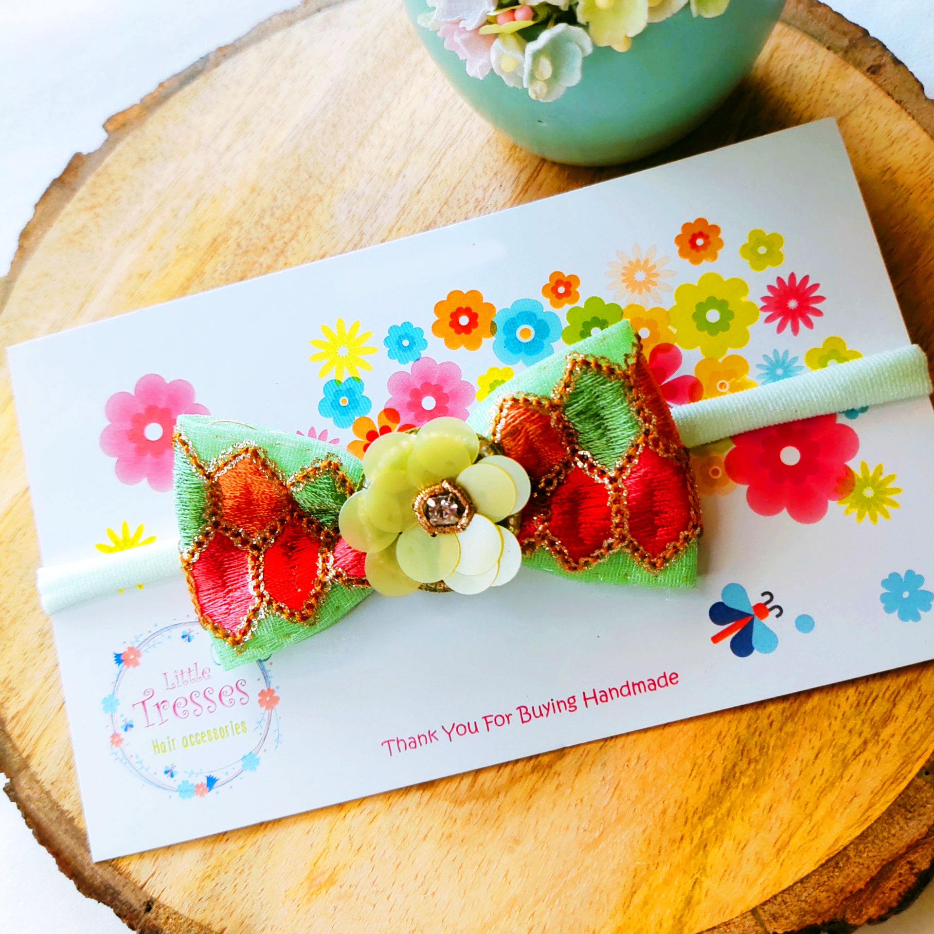 Pista Green Embroidery Bow with Flower Soft Headband