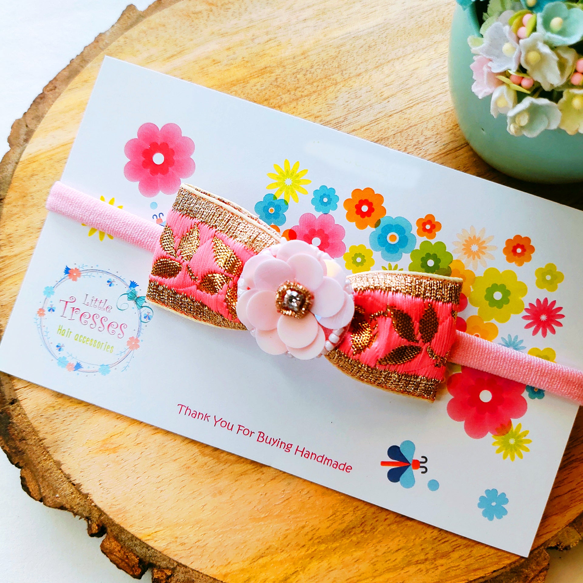 Light Pink Embroidery Bow with Flower Soft Headband