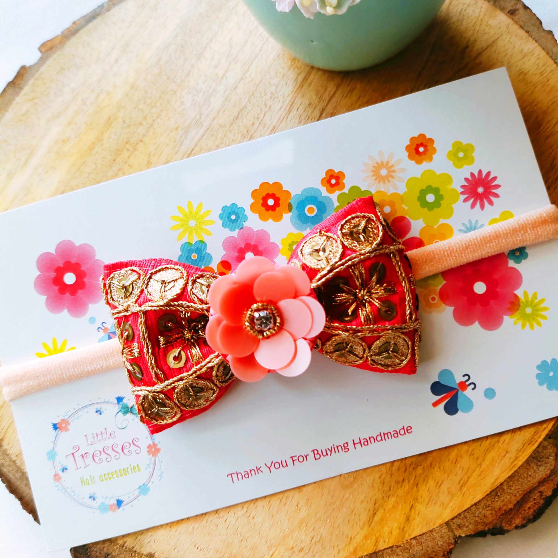 Dark Peach Embroidery Bow with Flower Soft Headband