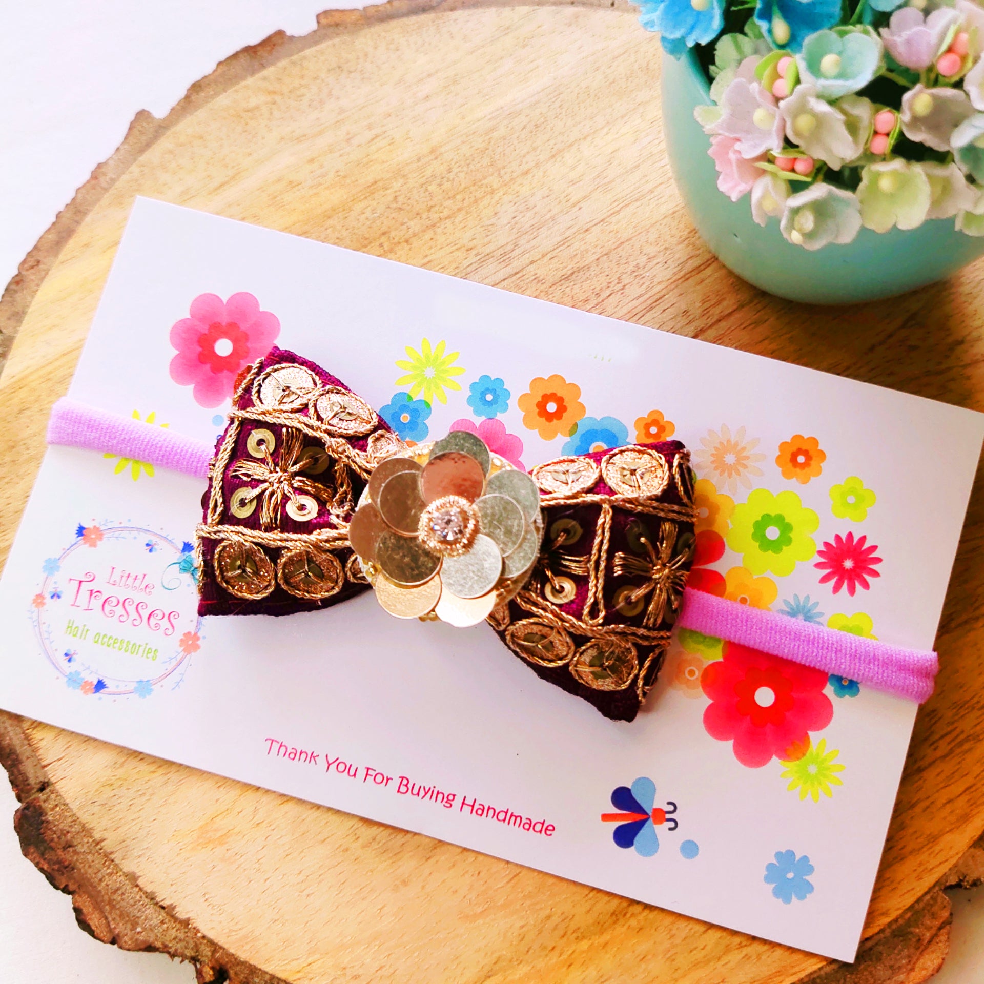 Dark Purple Embroidery Bow with Flower Soft Headband