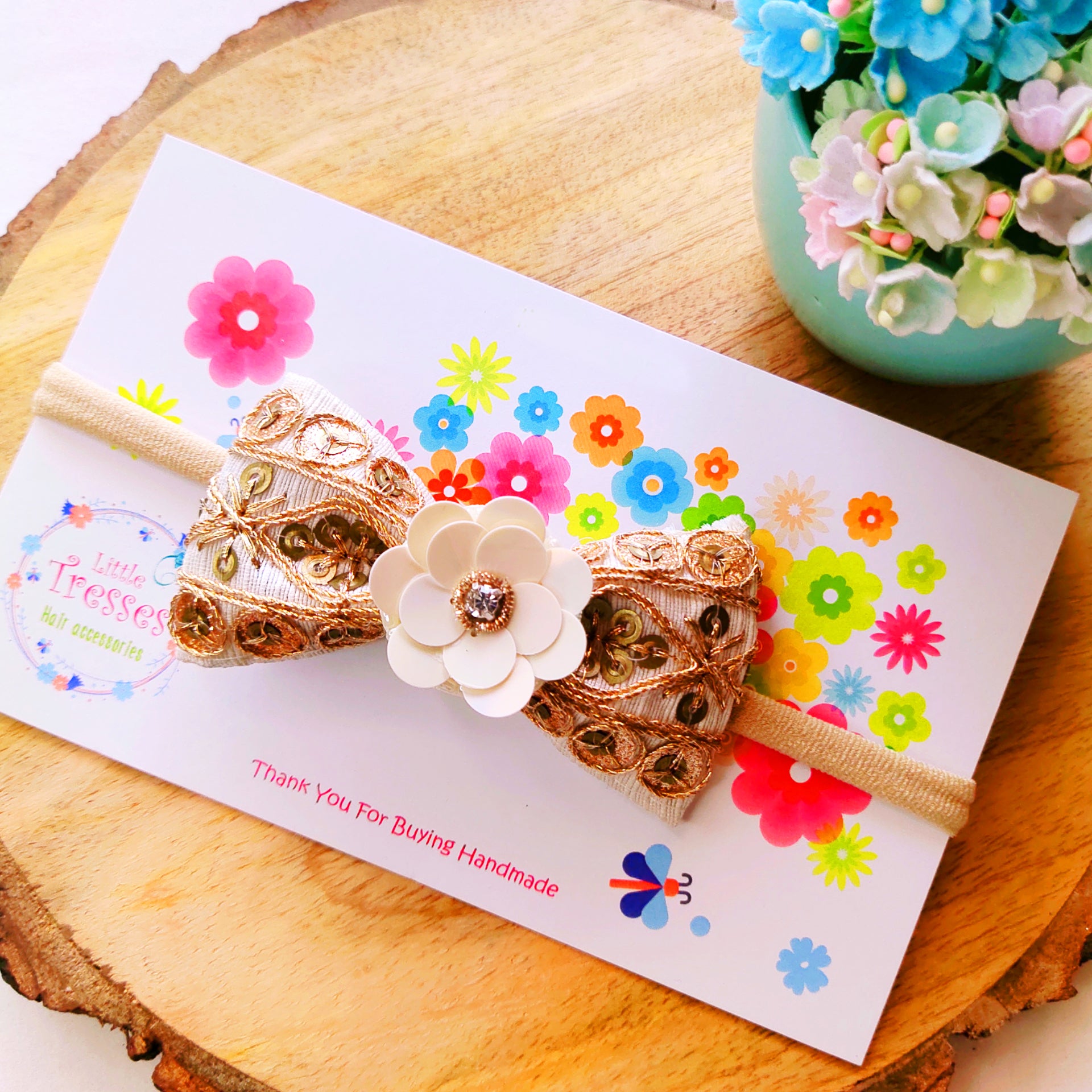 Cream Embroidery Bow with Flower Soft Headband