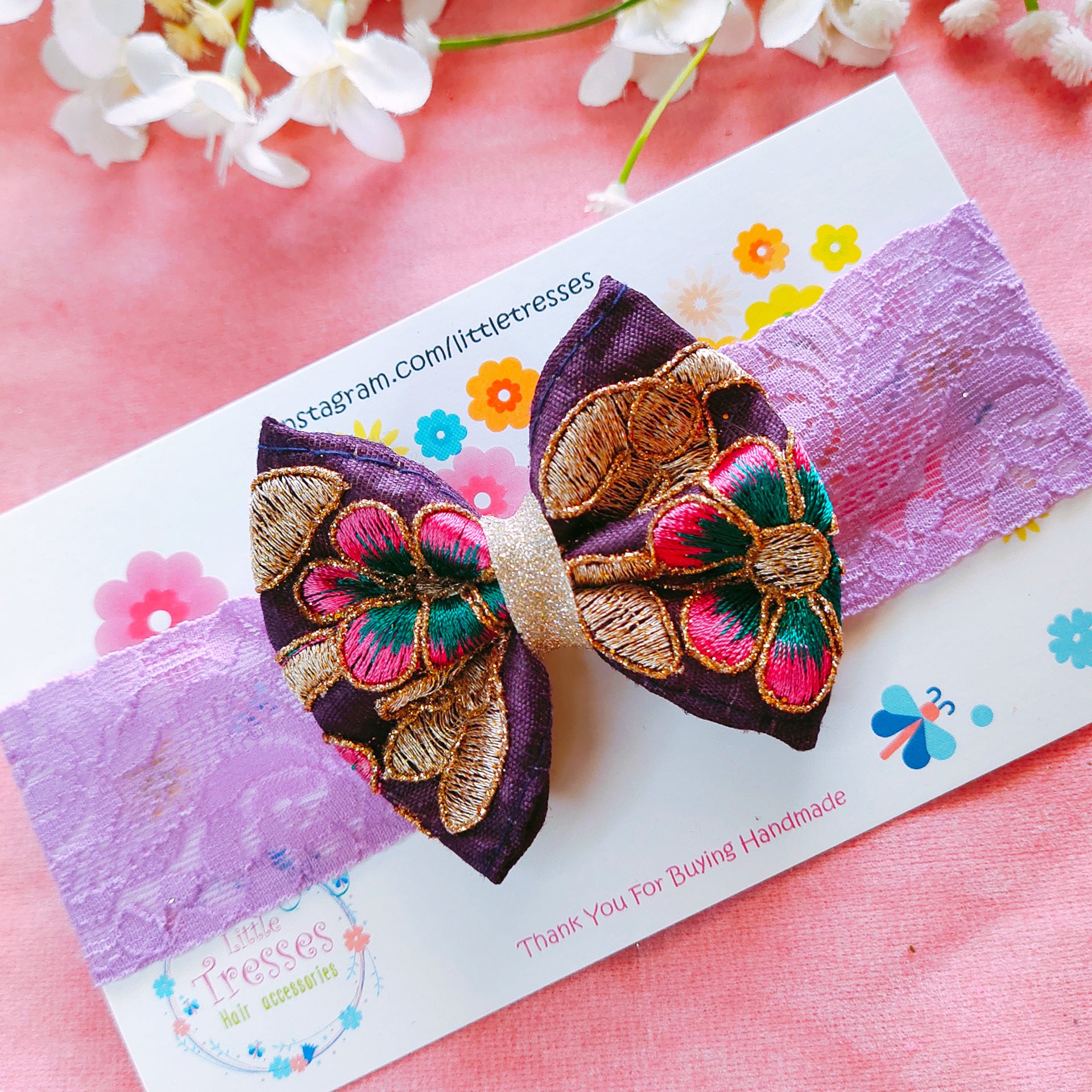 Purple Embroidery Bow Broad Lace Headband