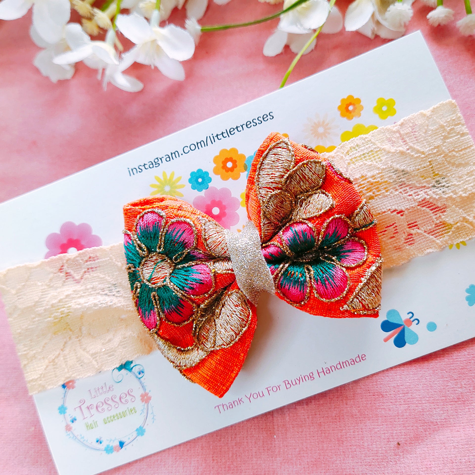 Orange Embroidery Bow Broad Lace Headband