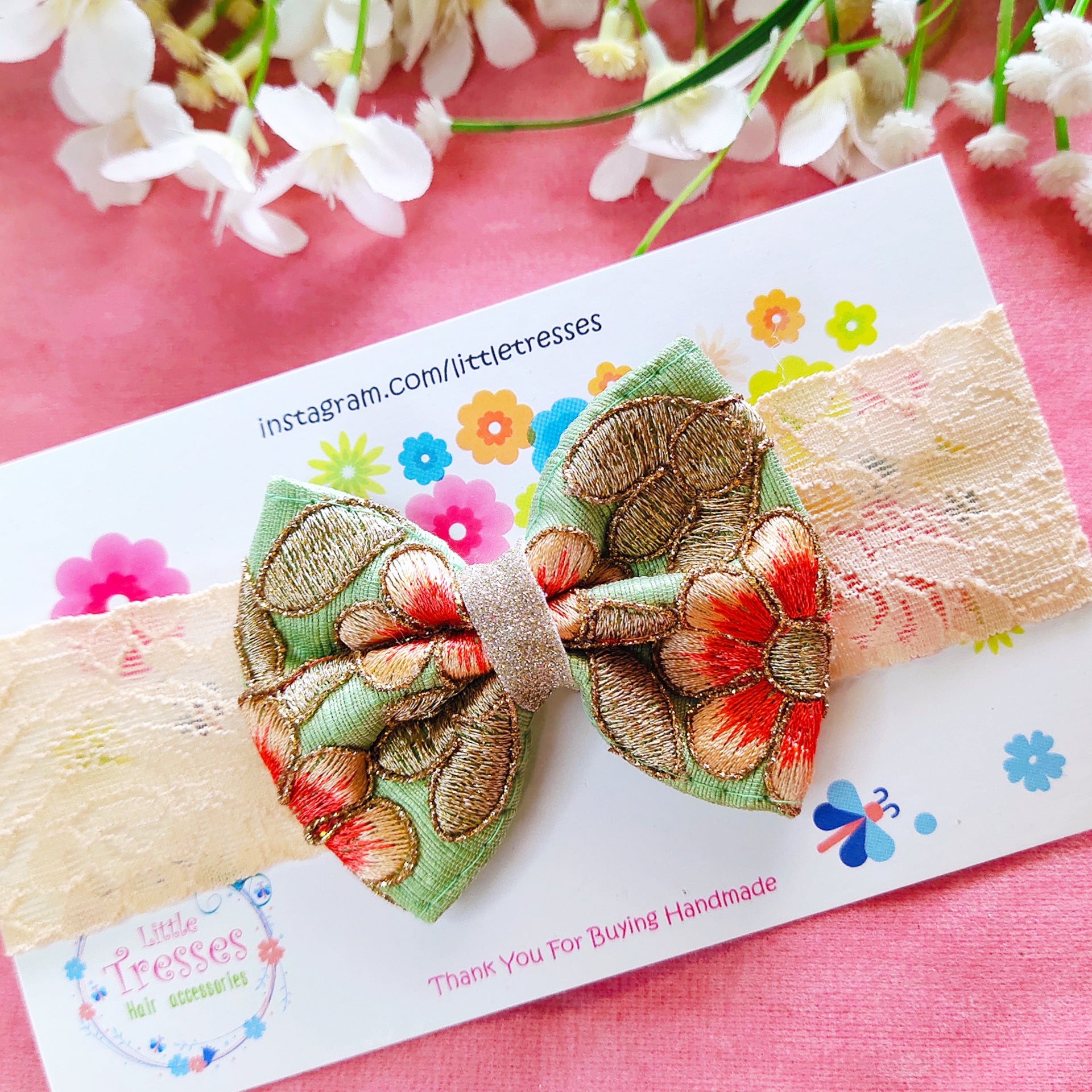 Parrot Green Embroidery Bow Broad Lace Headband