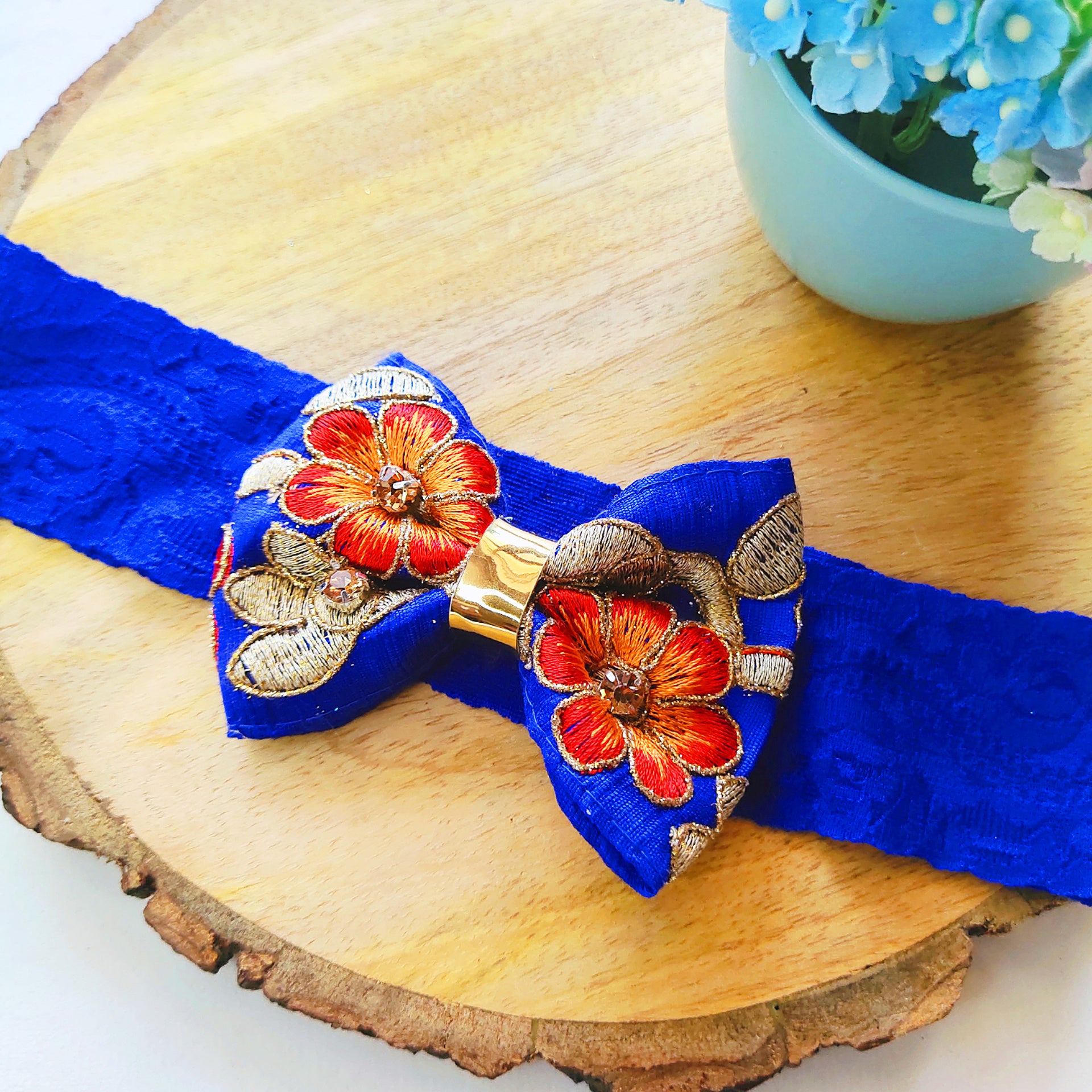 Embroidery Bow Lace Headband - Dark Blue